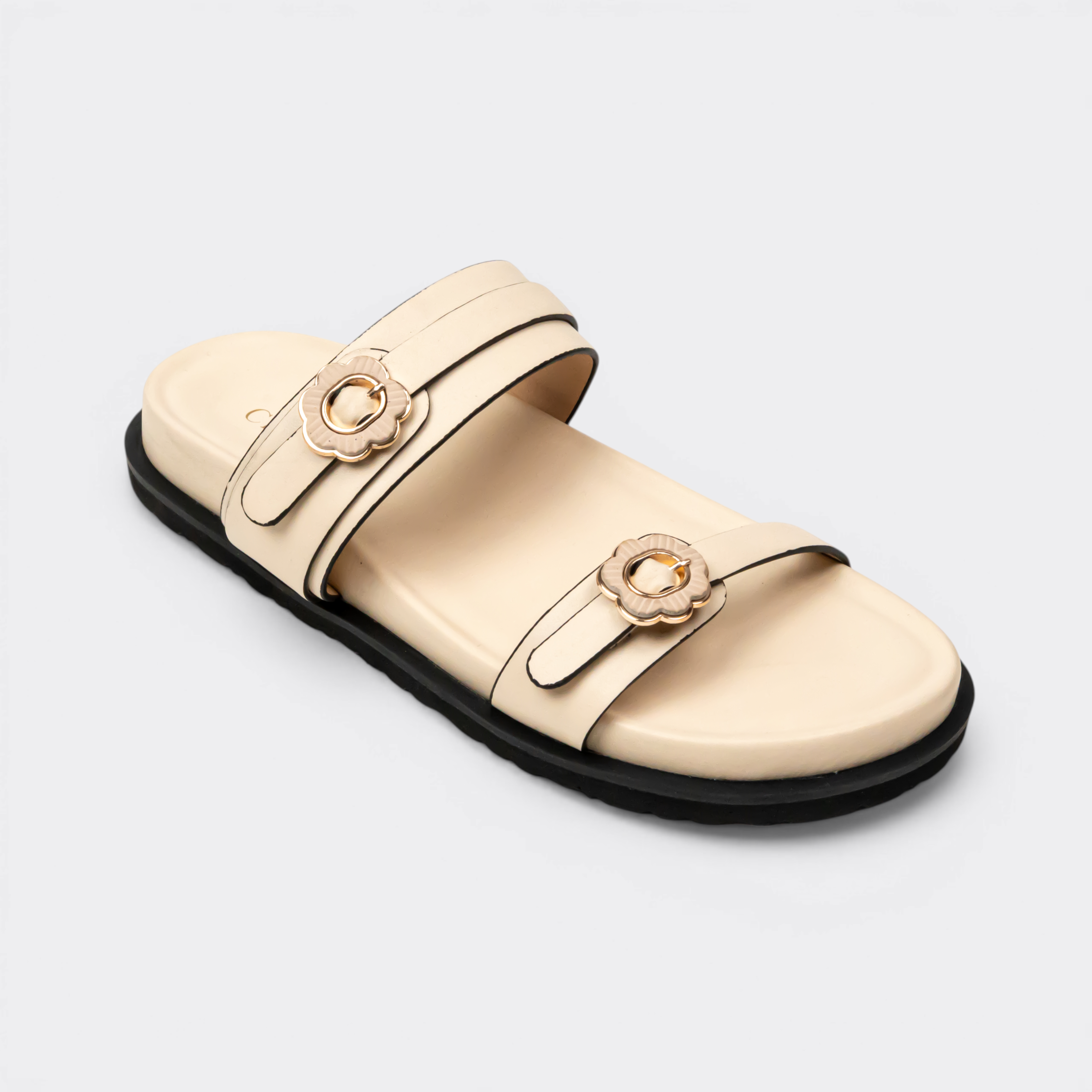CHLLEN Beige Floral Buckle Double-Strap Slides