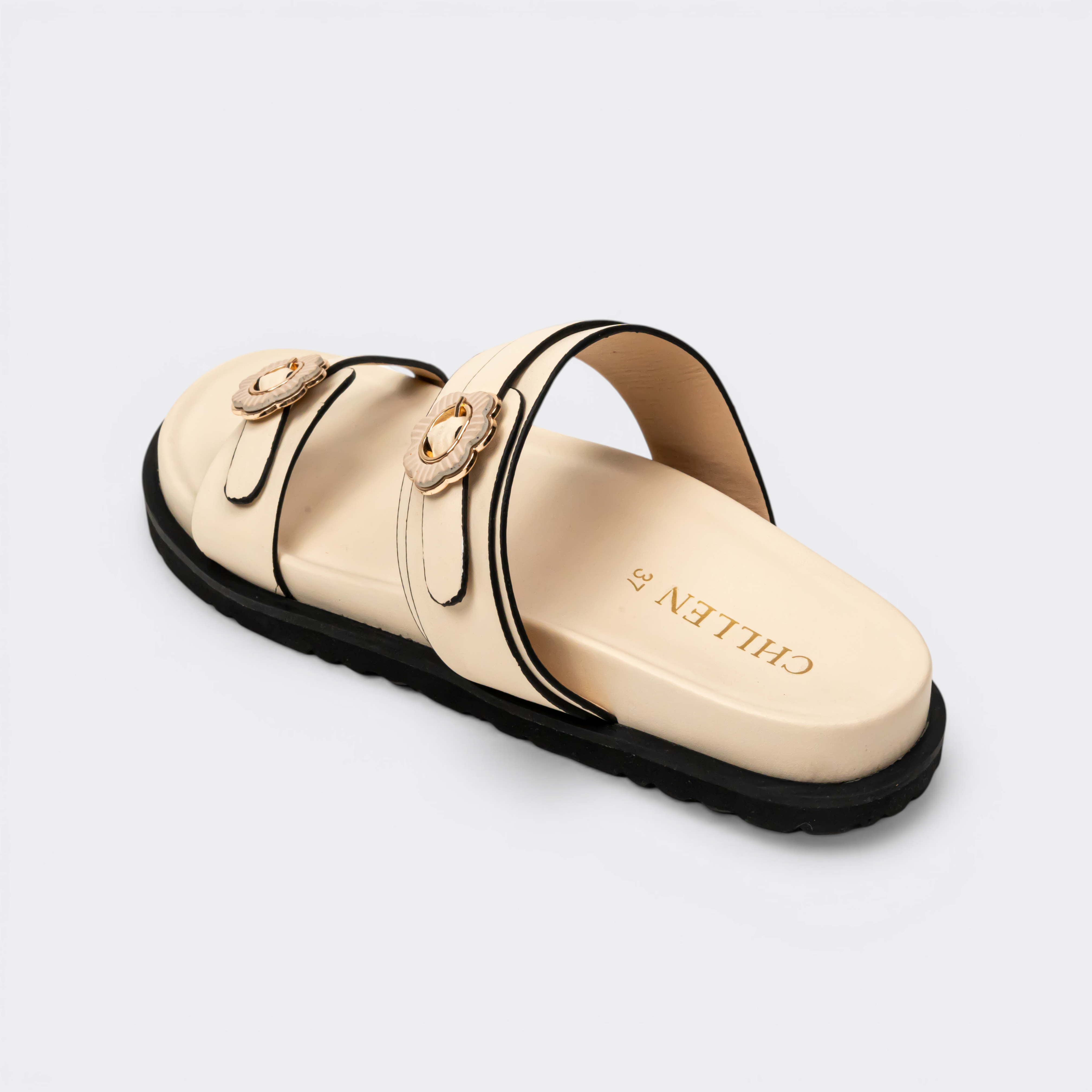 CHLLEN Beige Floral Buckle Double-Strap Slides