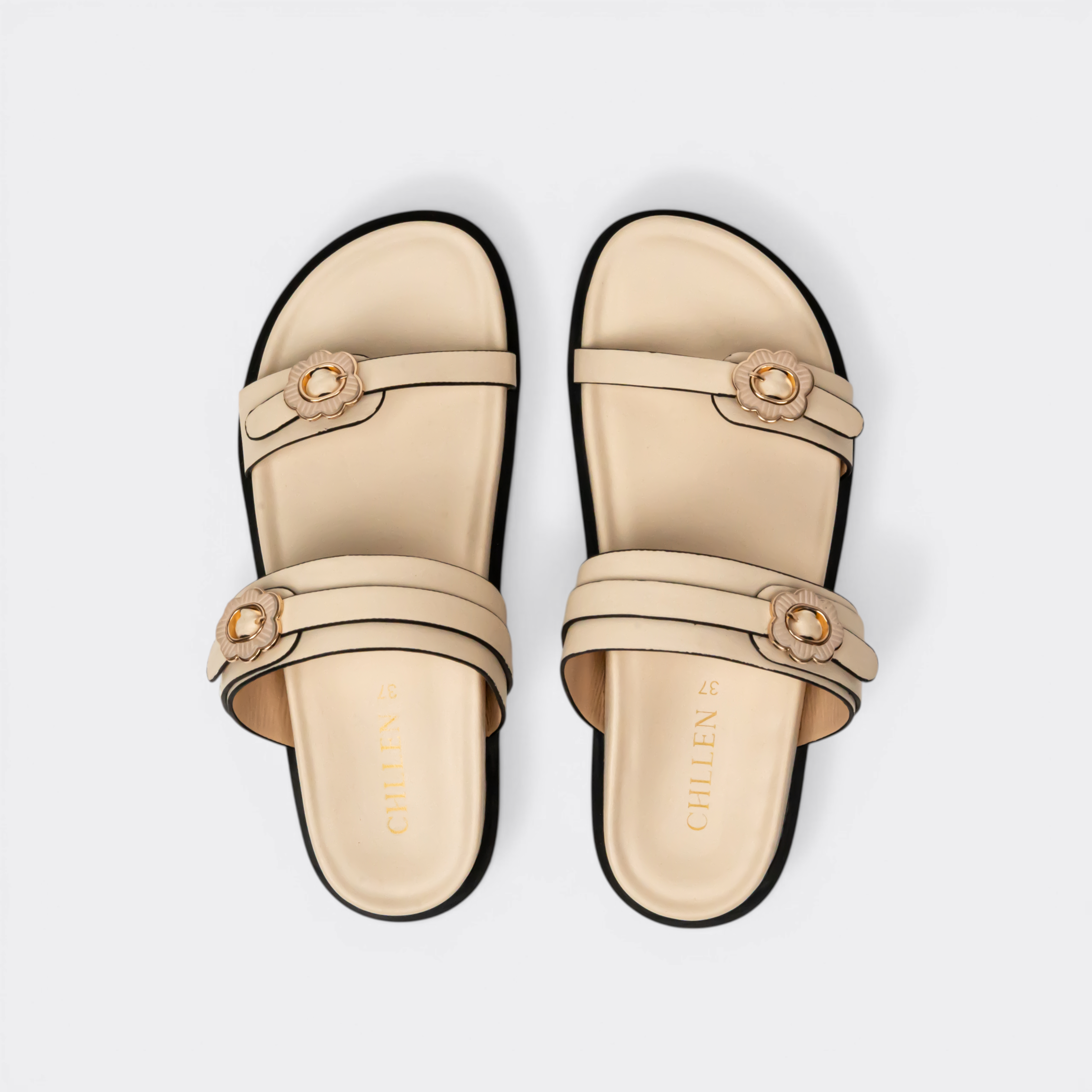 CHLLEN Beige Floral Buckle Double-Strap Slides