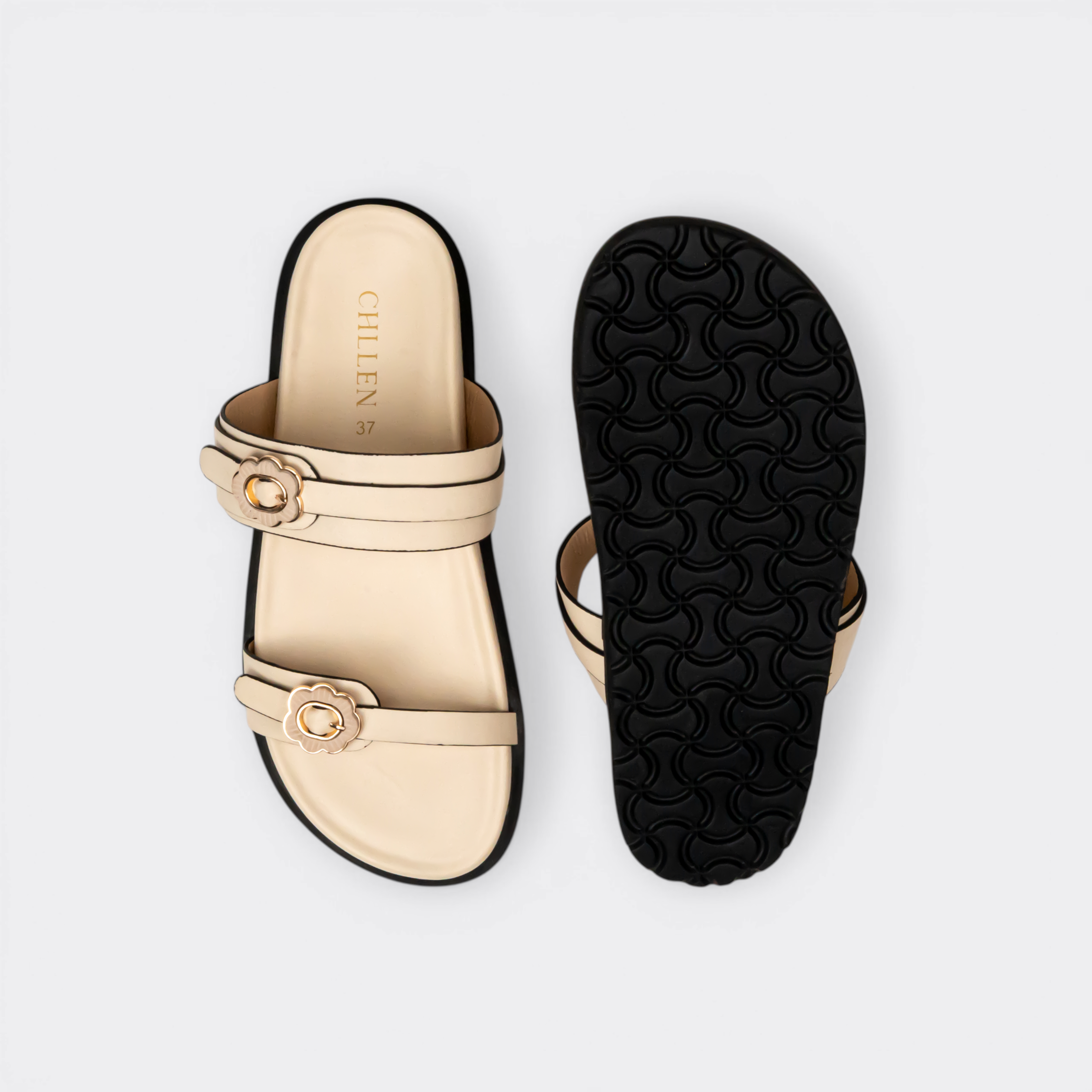 CHLLEN Beige Floral Buckle Double-Strap Slides