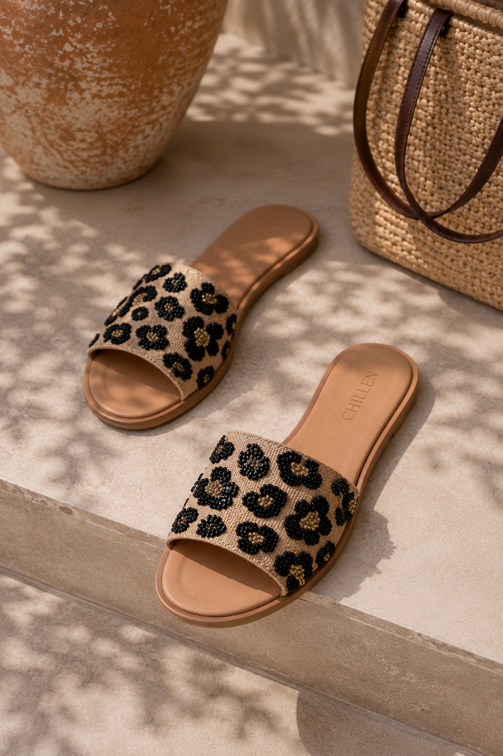 CHLLEN Beaded Leopard Slide Flats