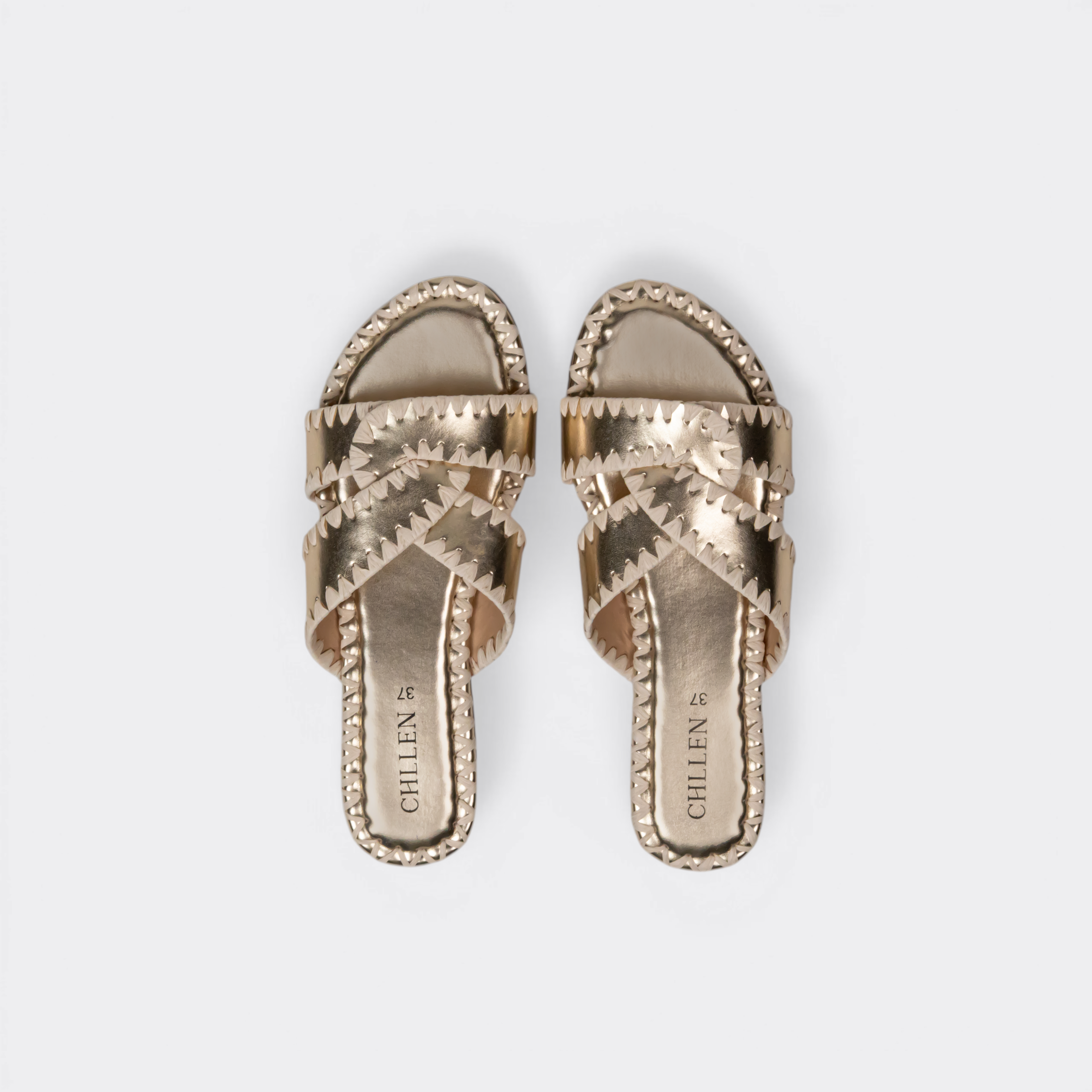 CHLLEN Gold Contrast Stitch Cross-Strap Flats