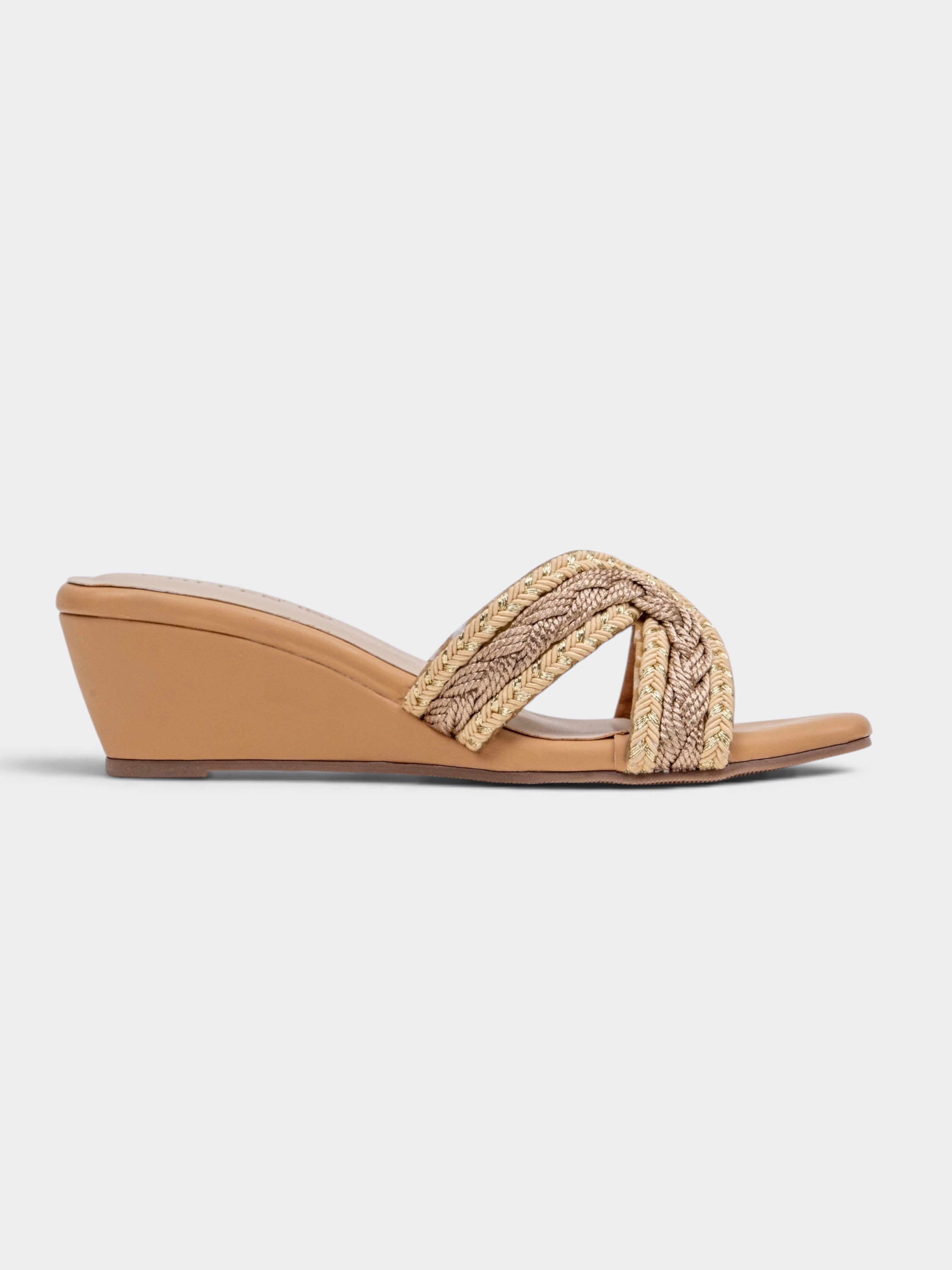 CHLLEN Handwoven Braided Cross Strap Wedge Slides for Women Beige
