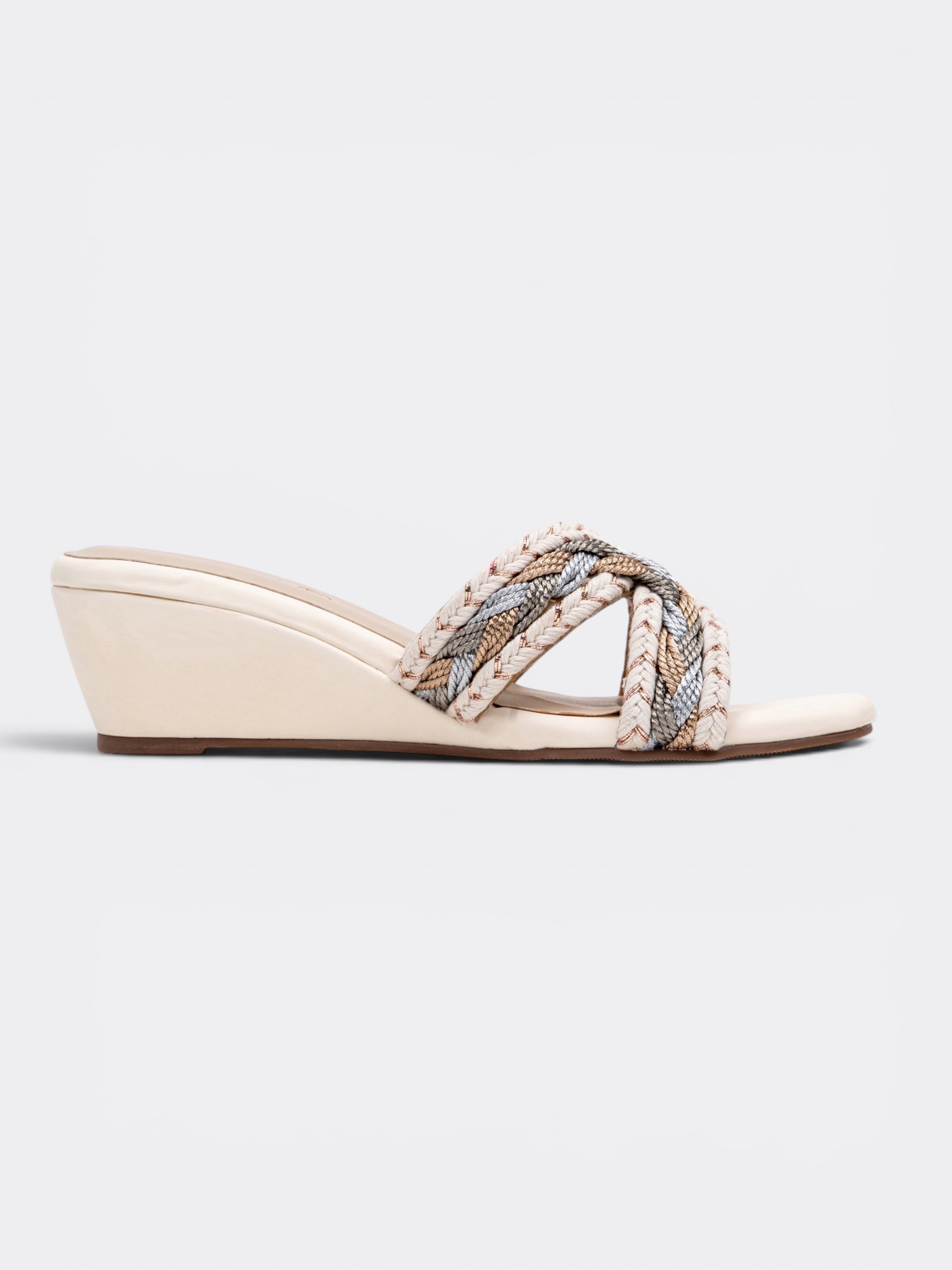 Braided Cross Strap Wedge Slide Sandals – Ivory MultI