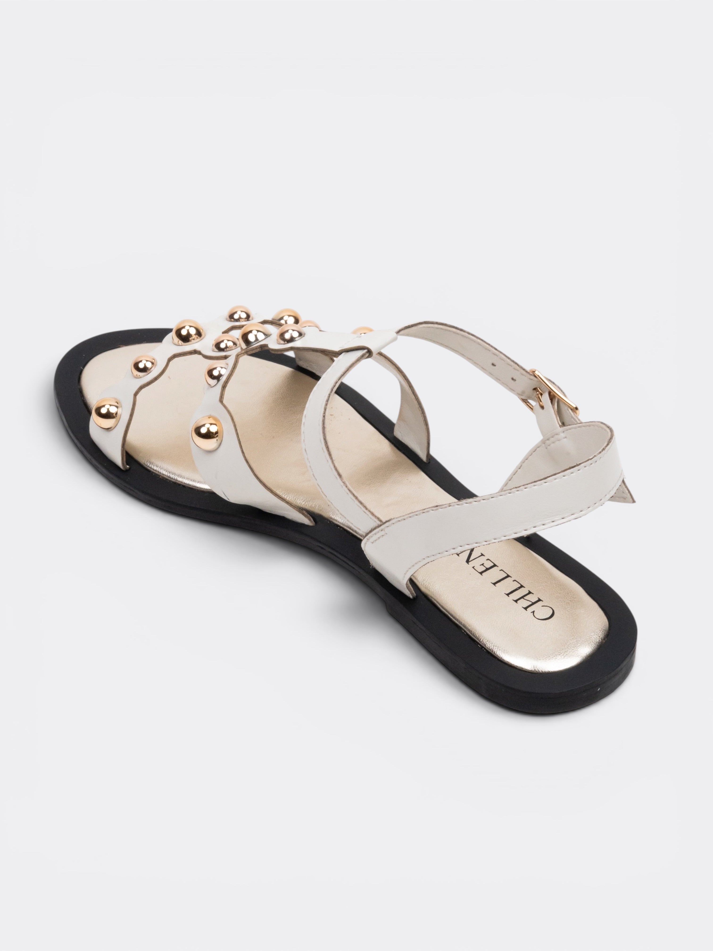 CHLLEN Ivory Studded T-Strap Flat Sandals