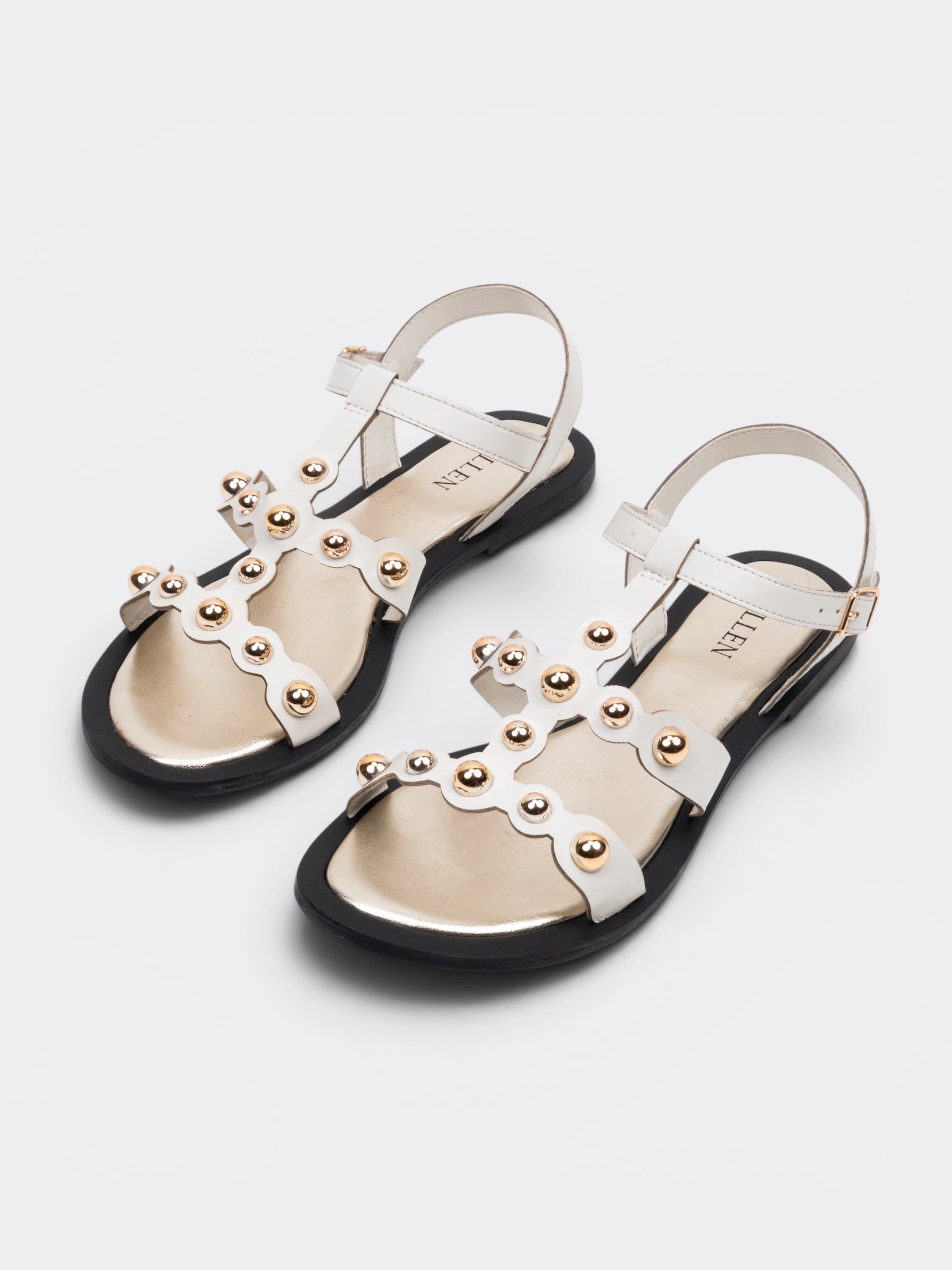 CHLLEN Ivory Studded T-Strap Flat Sandals