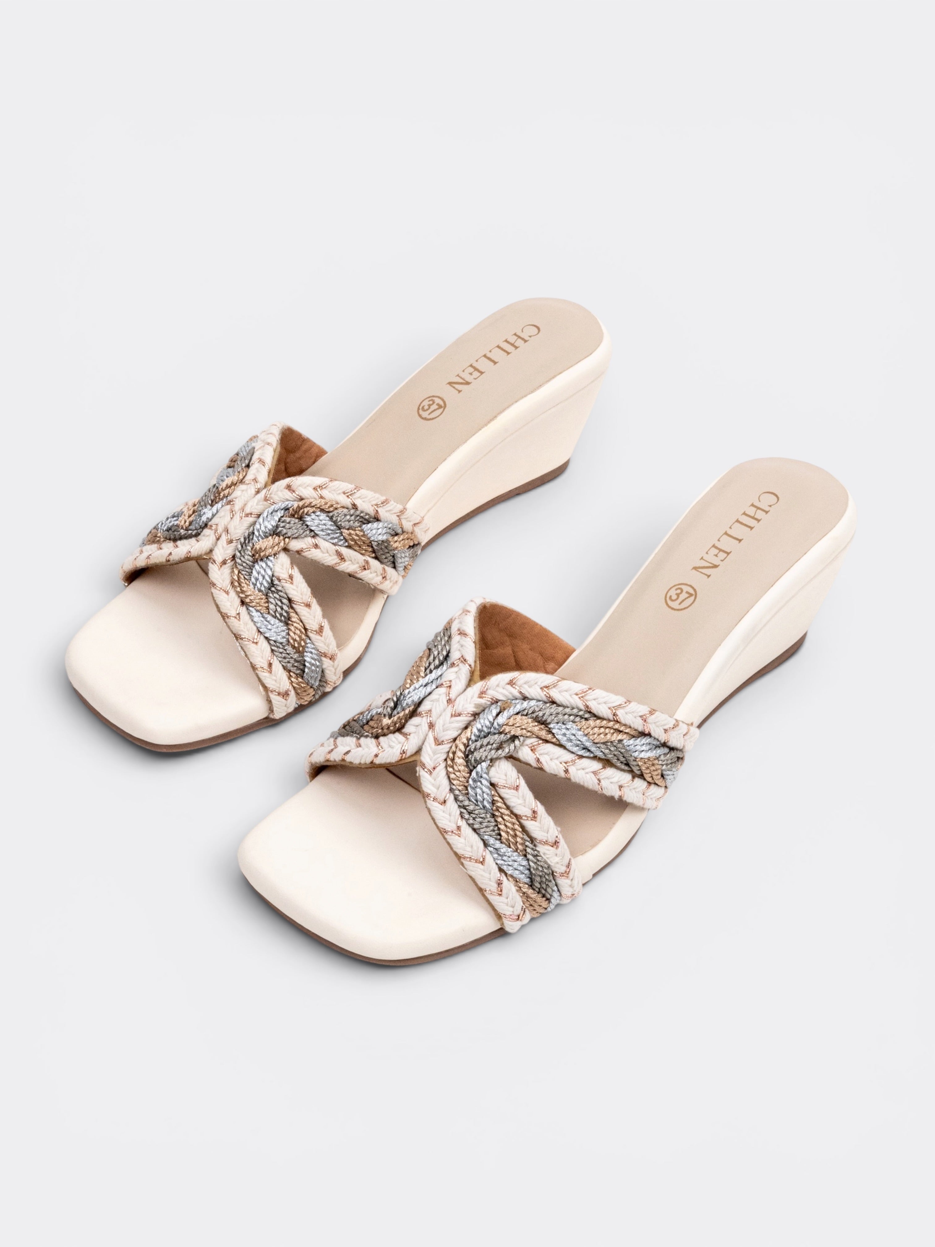 Braided Cross Strap Wedge Slide Sandals – Ivory MultI