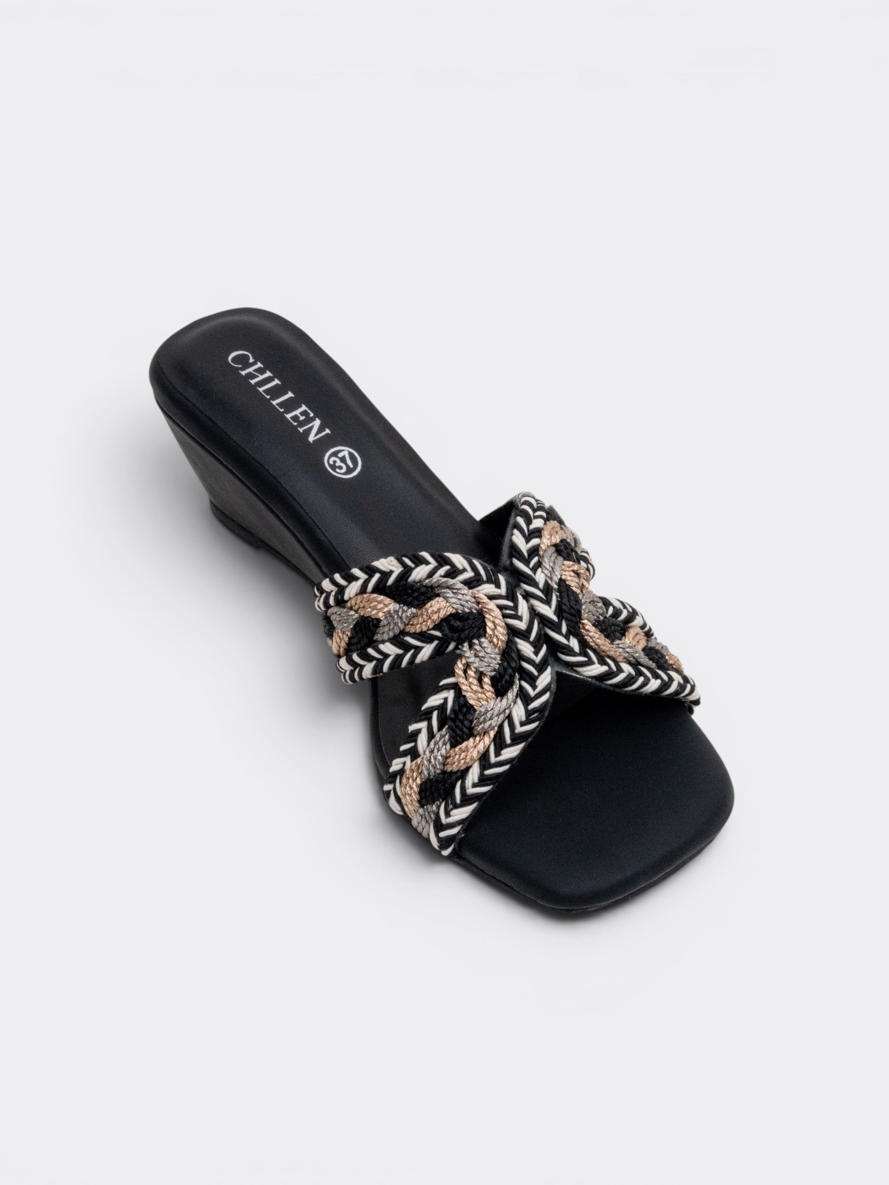 CHLLEN Noir Braided Cross Strap Wedge Slides