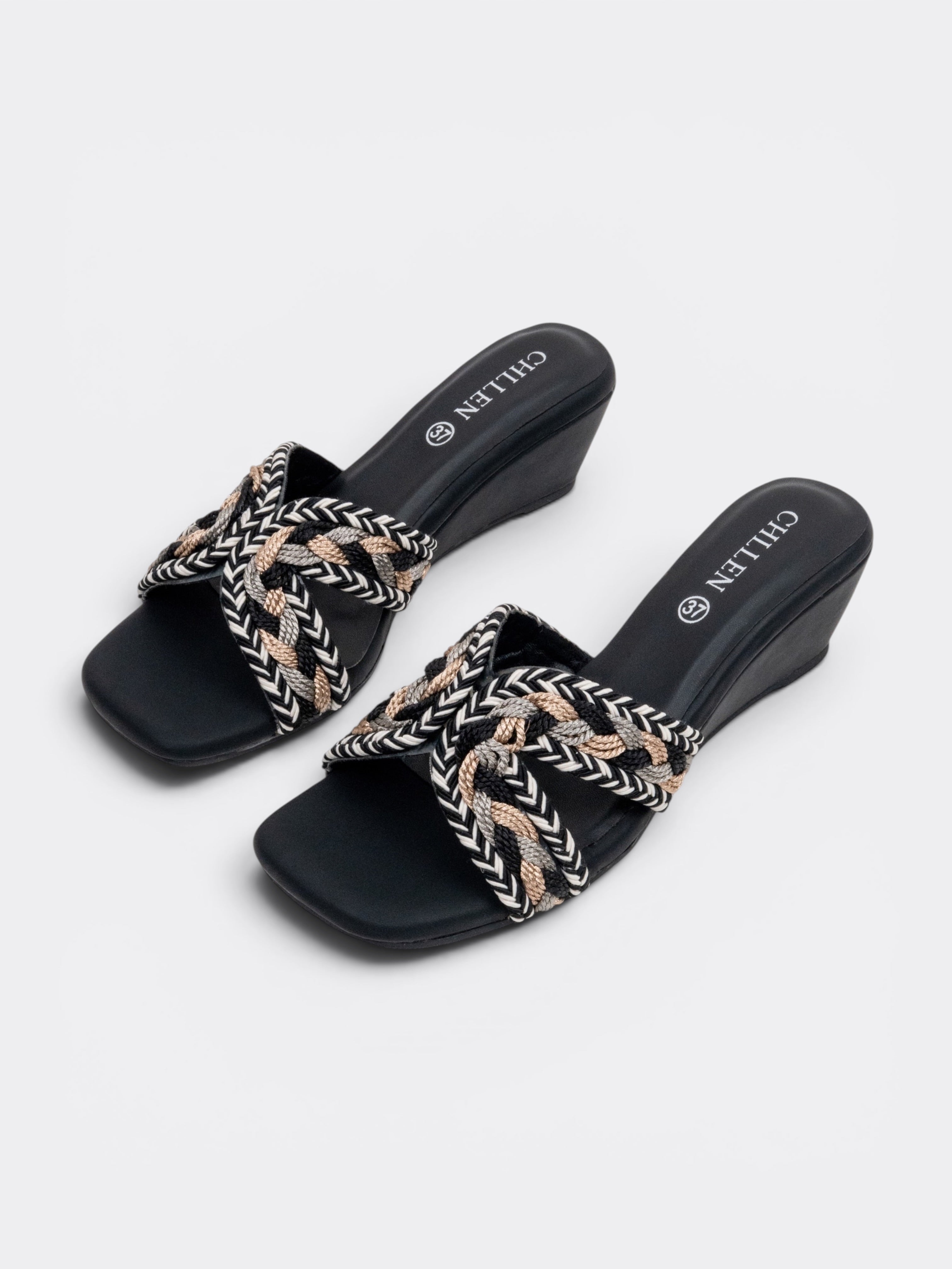 CHLLEN Noir Braided Cross Strap Wedge Slides