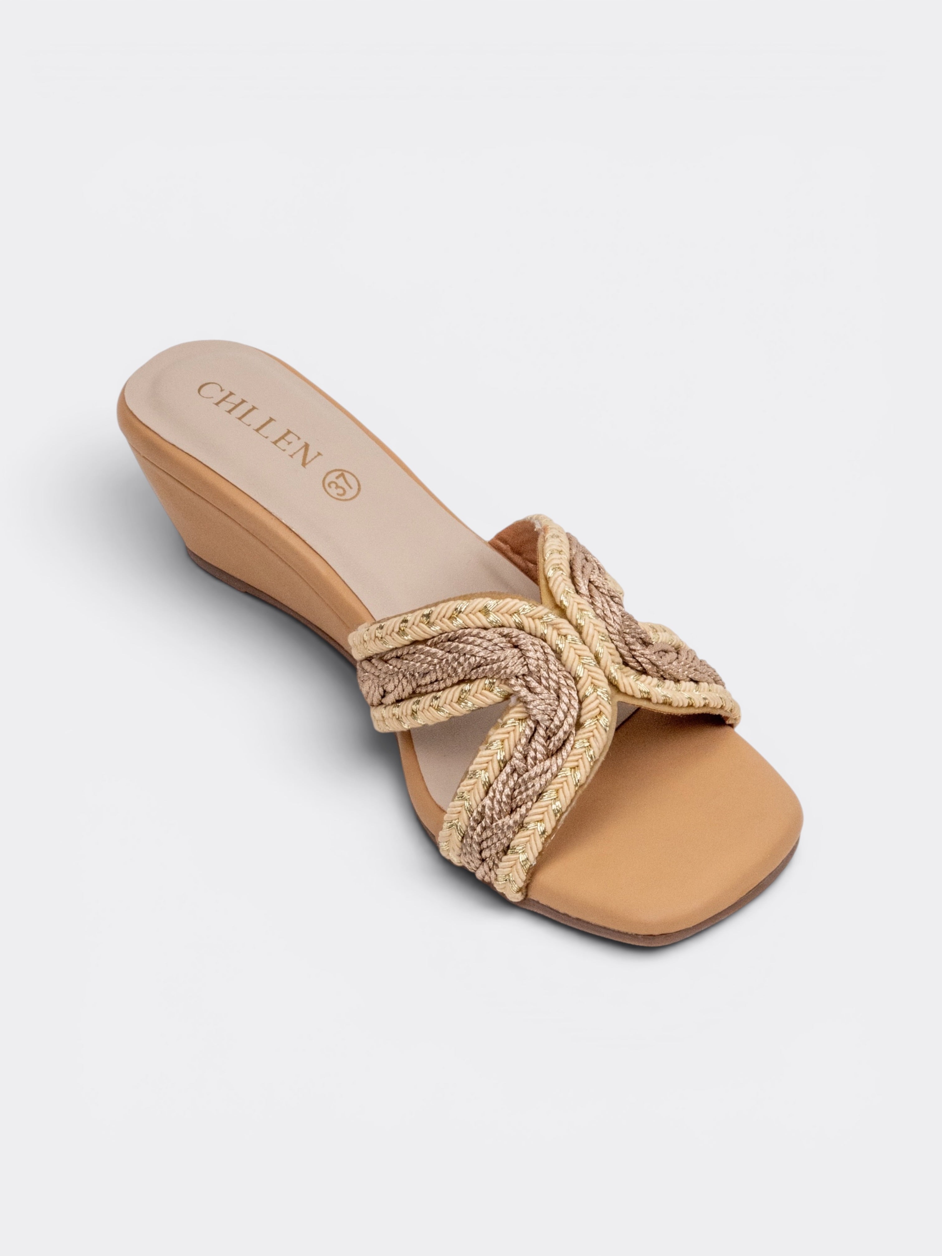 CHLLEN Handwoven Braided Cross Strap Wedge Slides for Women Beige