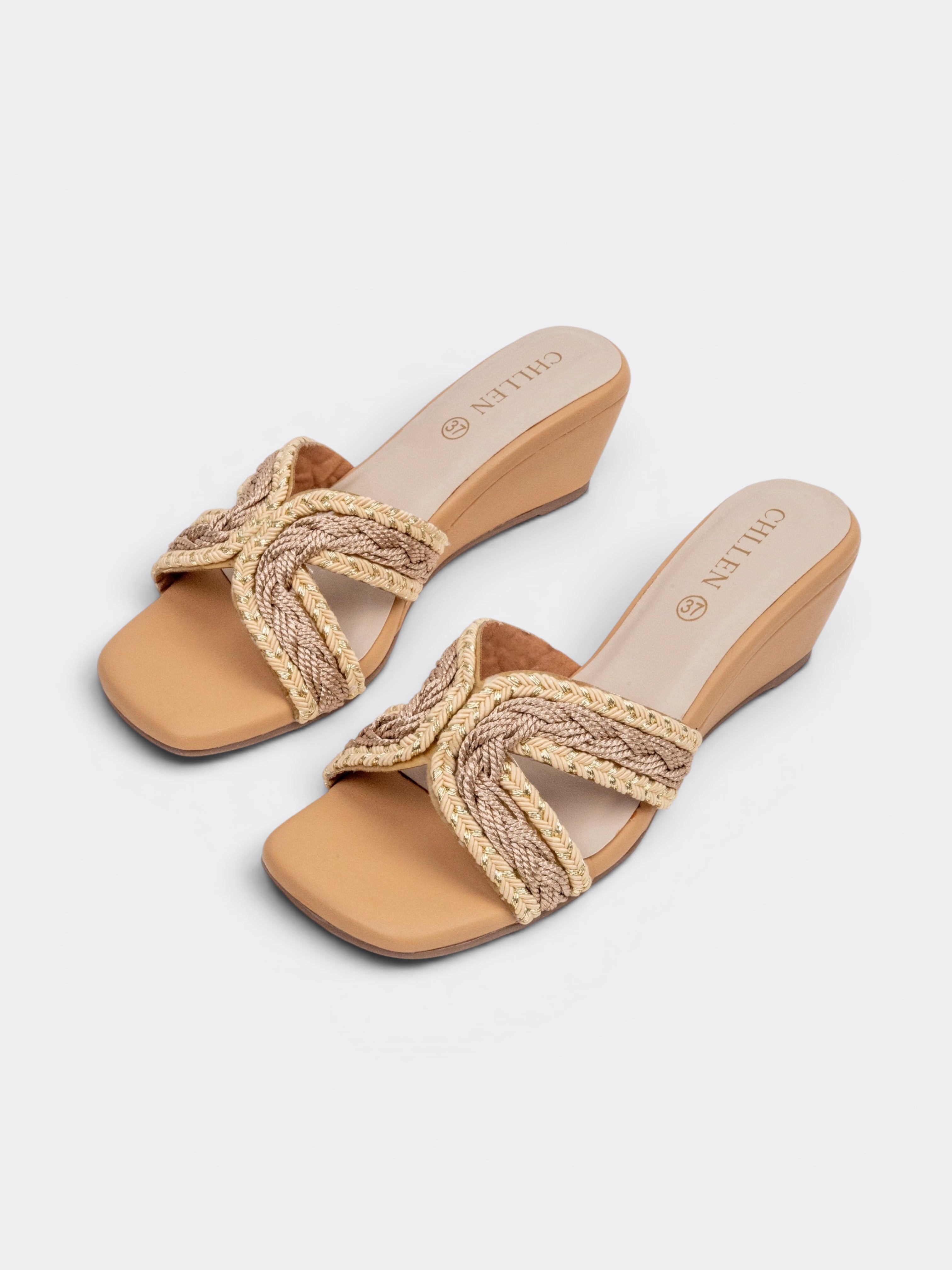 CHLLEN Handwoven Braided Cross Strap Wedge Slides for Women Beige