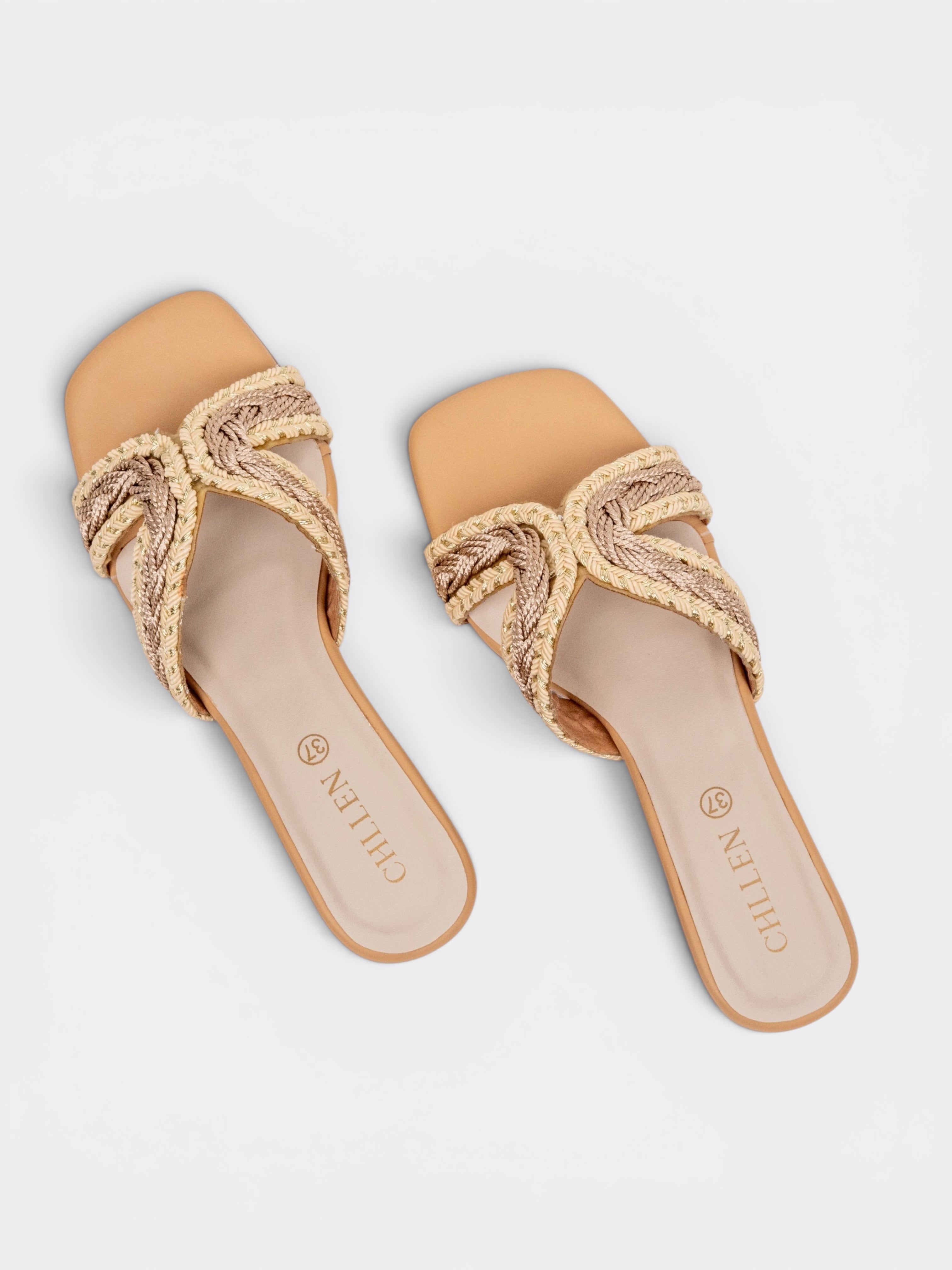 CHLLEN Handwoven Braided Cross Strap Wedge Slides for Women Beige