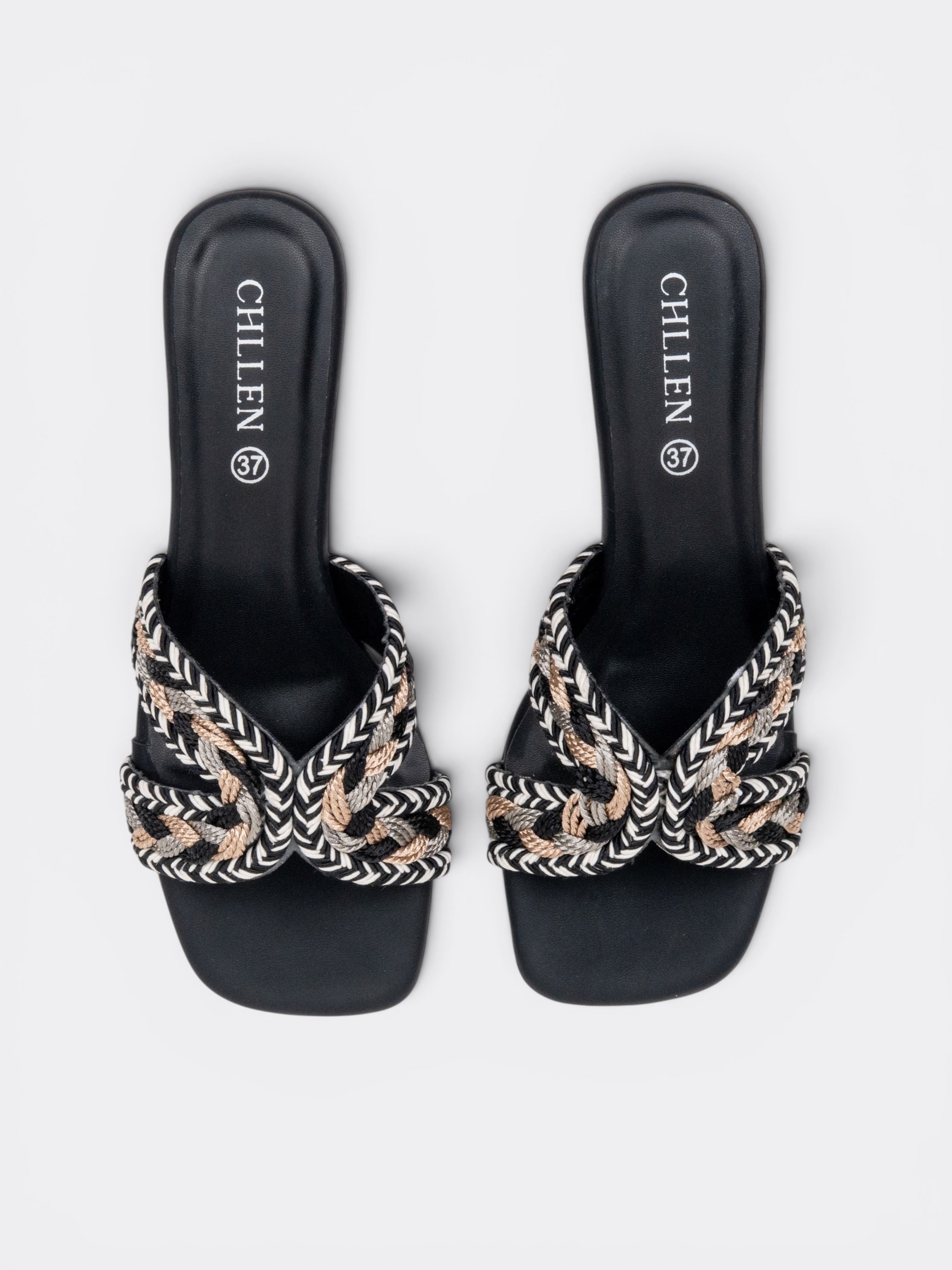 CHLLEN Noir Braided Cross Strap Wedge Slides
