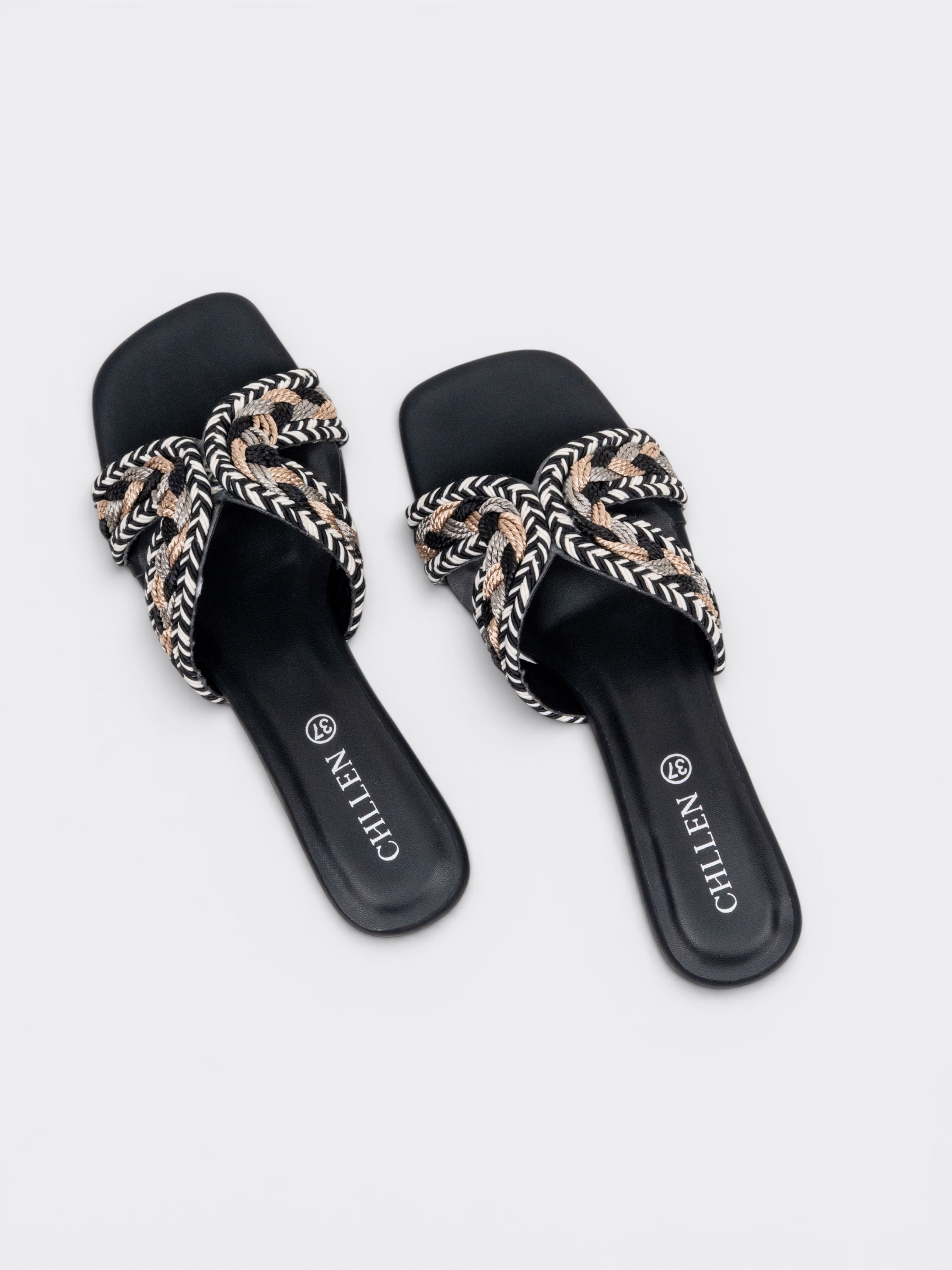 CHLLEN Noir Braided Cross Strap Wedge Slides