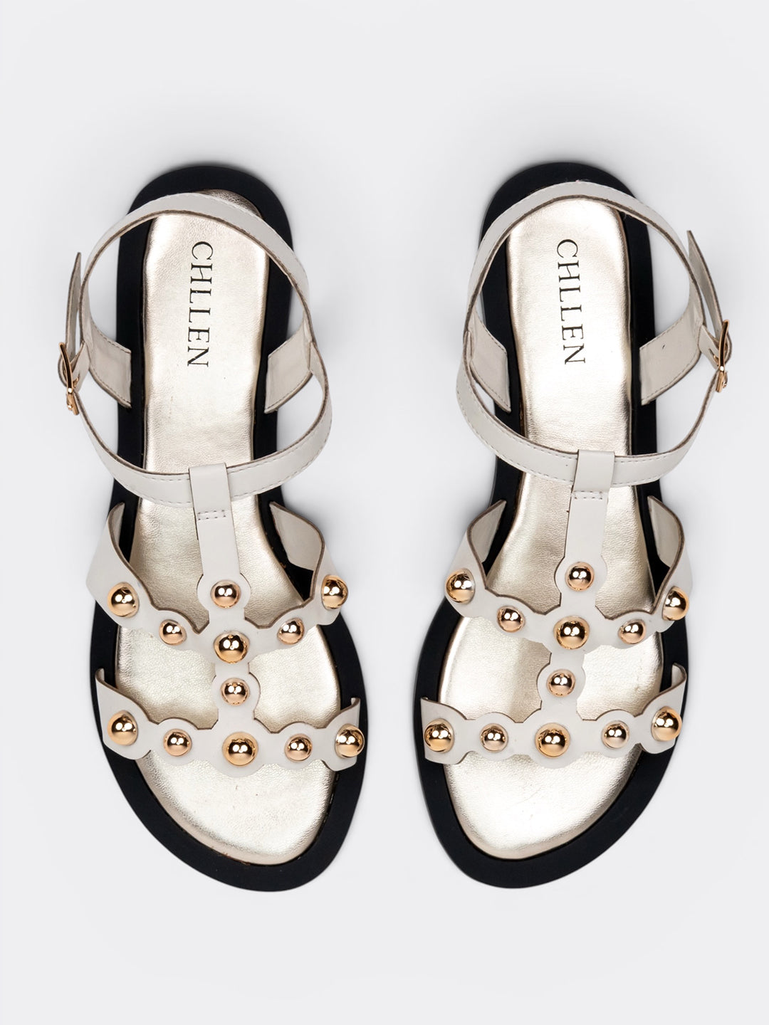 CHLLEN Ivory Studded T-Strap Flat Sandals