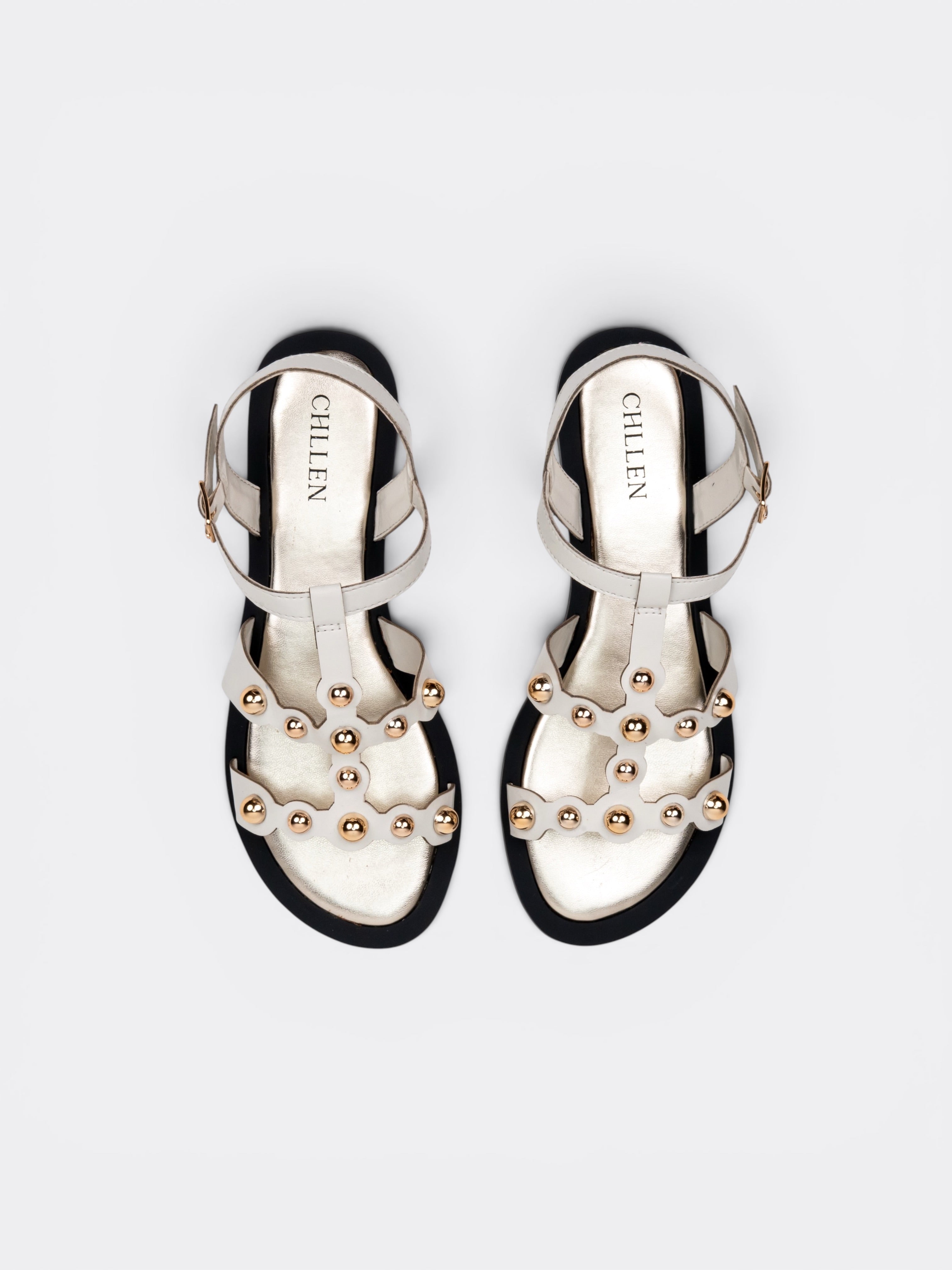 CHLLEN Ivory Studded T-Strap Flat Sandals
