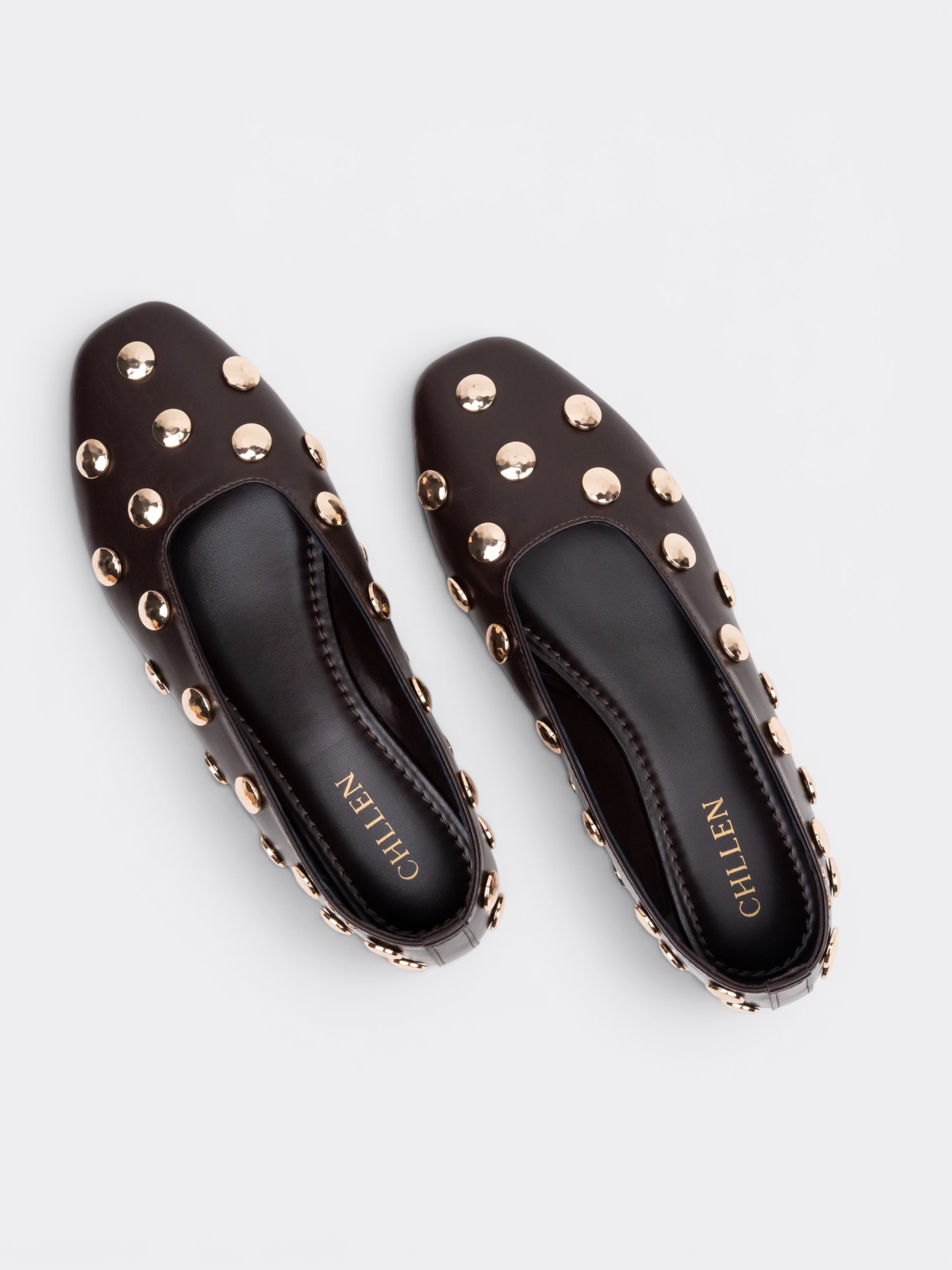 CHLLEN Noir Celeste Gold Stud Ballet Flats