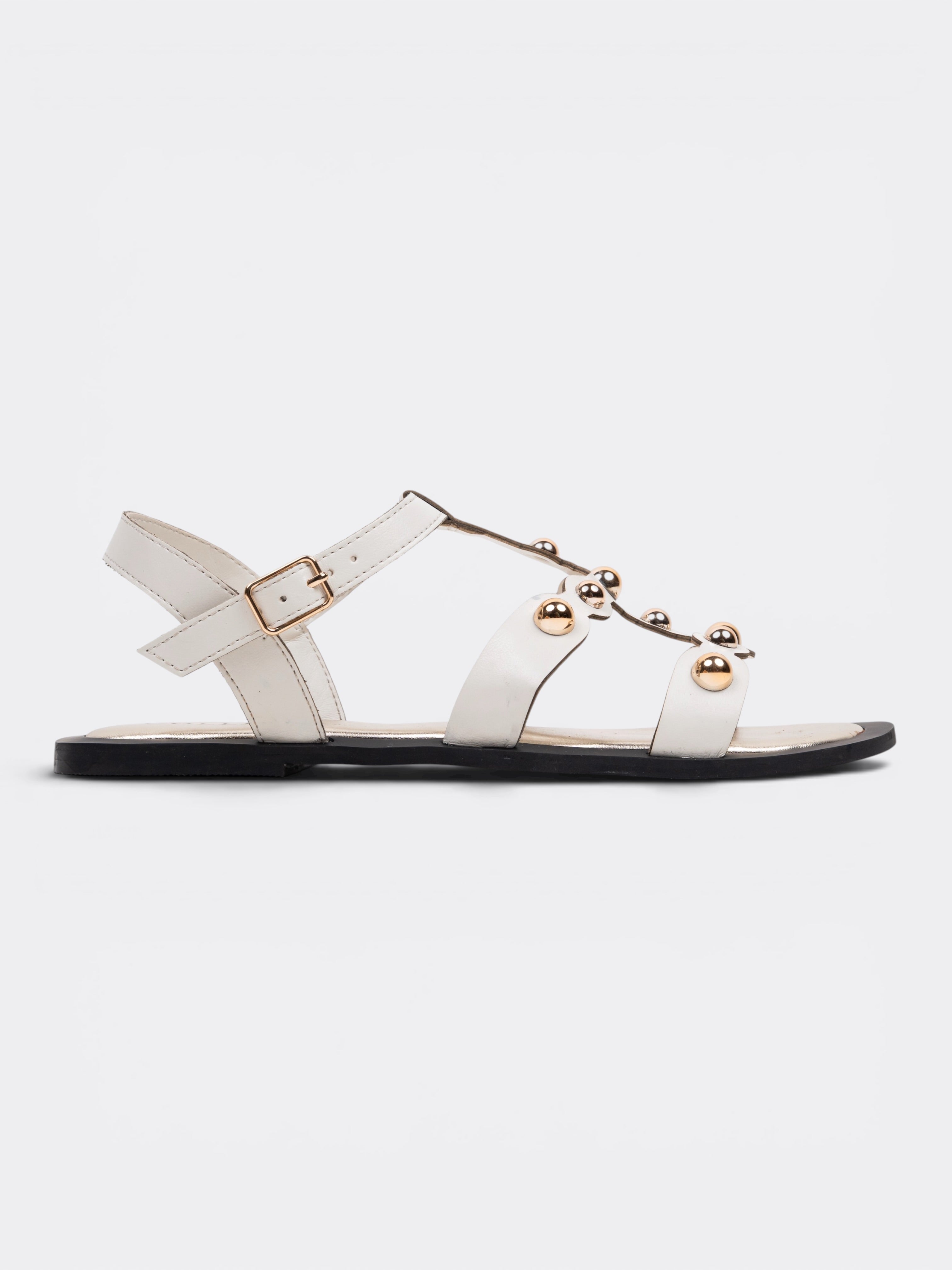 CHLLEN Ivory Studded T-Strap Flat Sandals