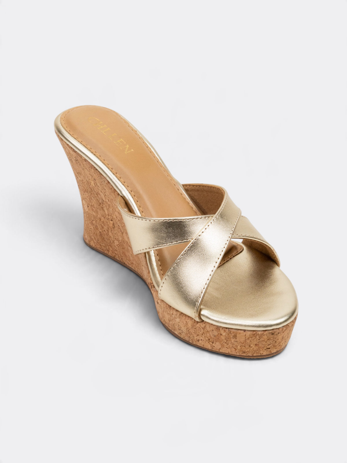 CHLLEN Metallic Gold Cross Strap Wedge Heels for Women