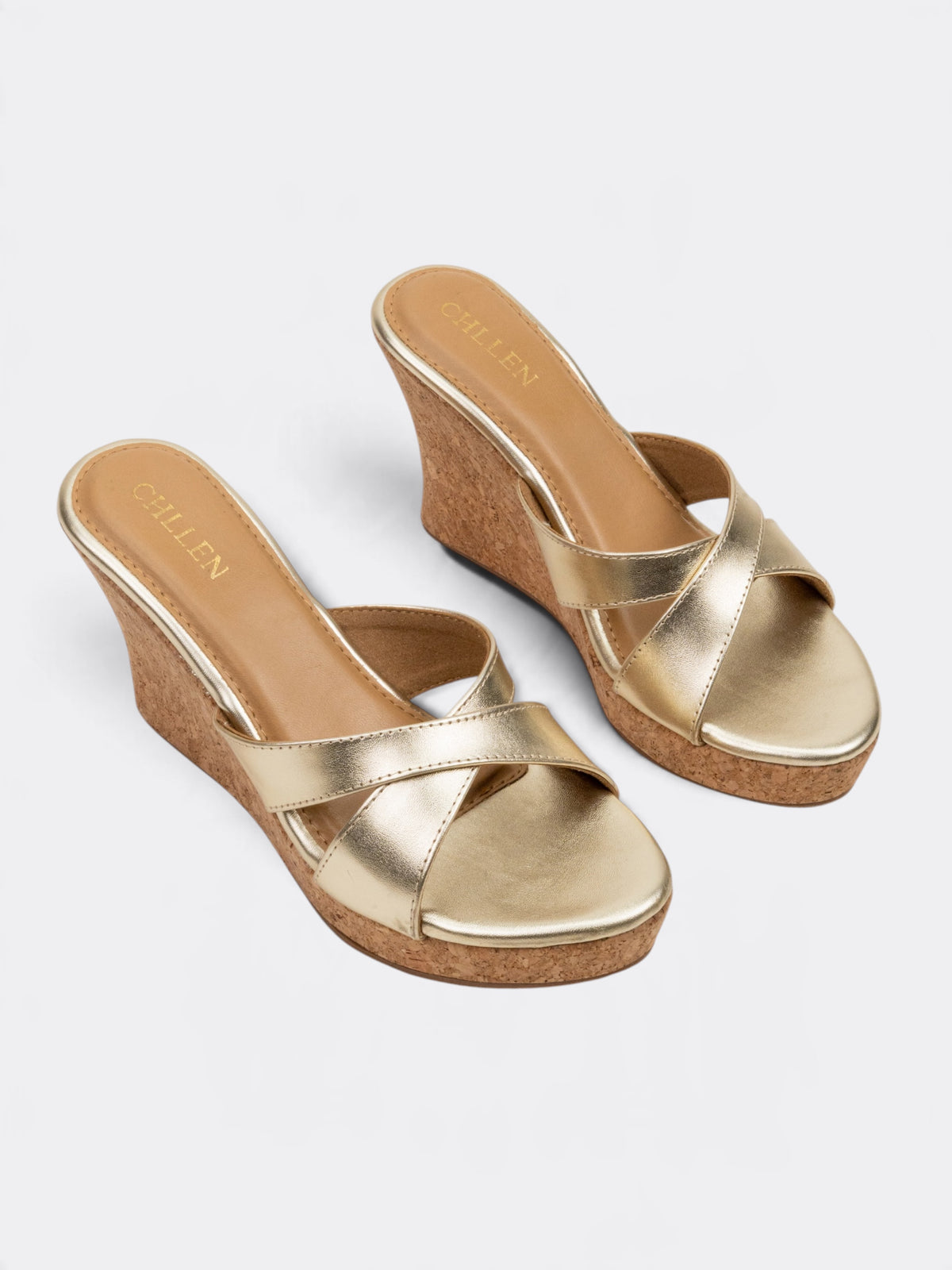 CHLLEN Metallic Gold Cross Strap Wedge Heels for Women