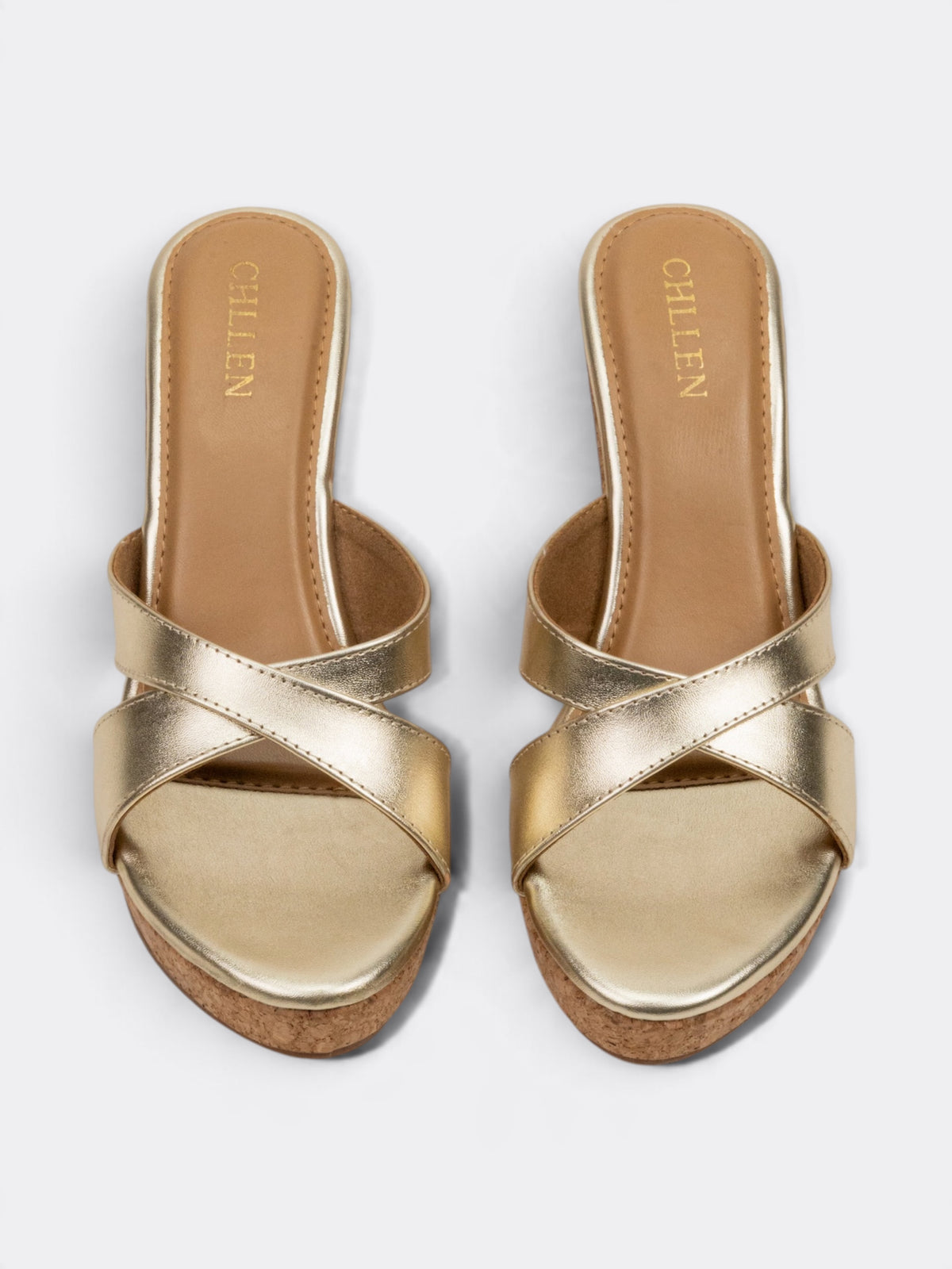 CHLLEN Metallic Gold Cross Strap Wedge Heels for Women