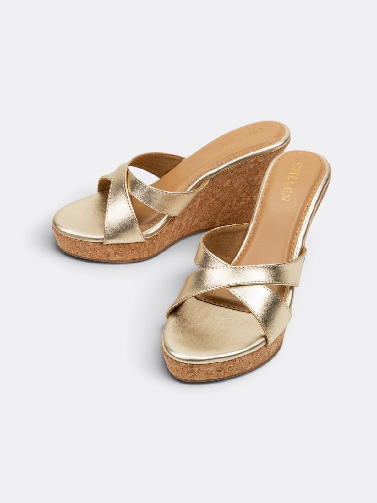 CHLLEN Metallic Gold Cross Strap Wedge Heels for Women