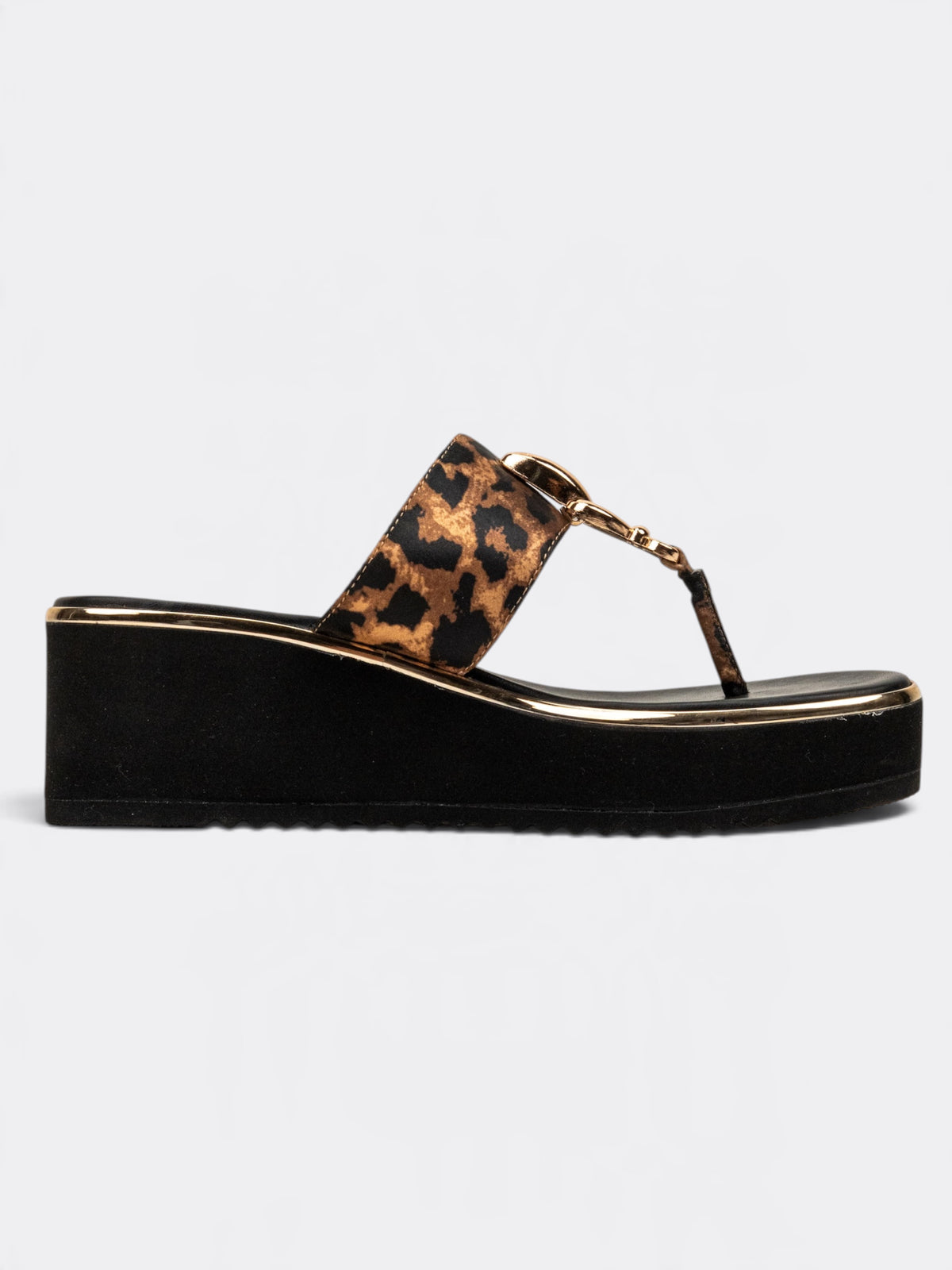 CHLLEN Leopard Gold T-Strap Wedges