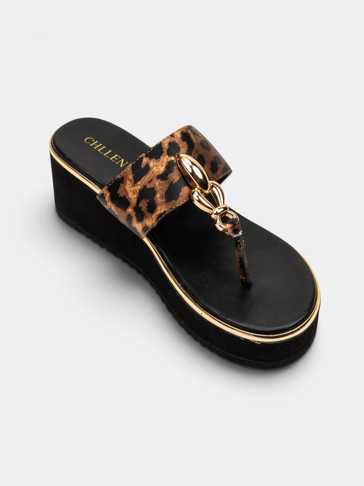 CHLLEN Leopard Gold T-Strap Wedges