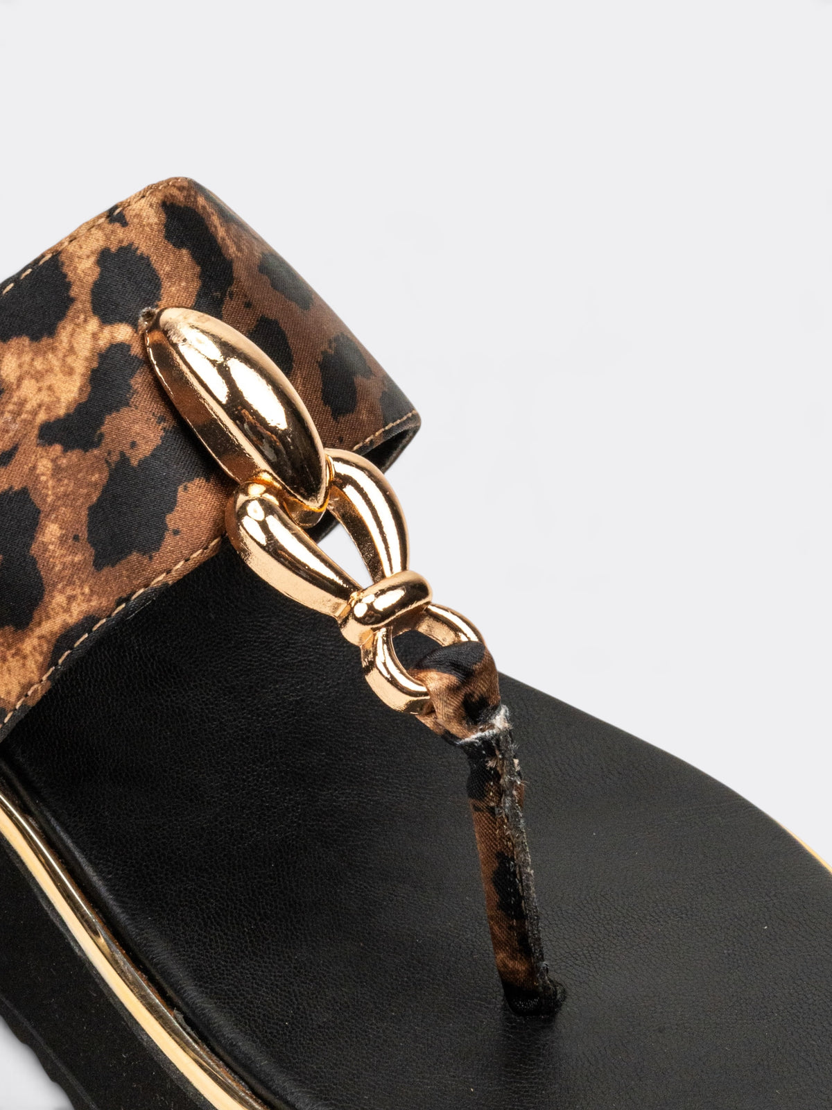 CHLLEN Leopard Gold T-Strap Wedges