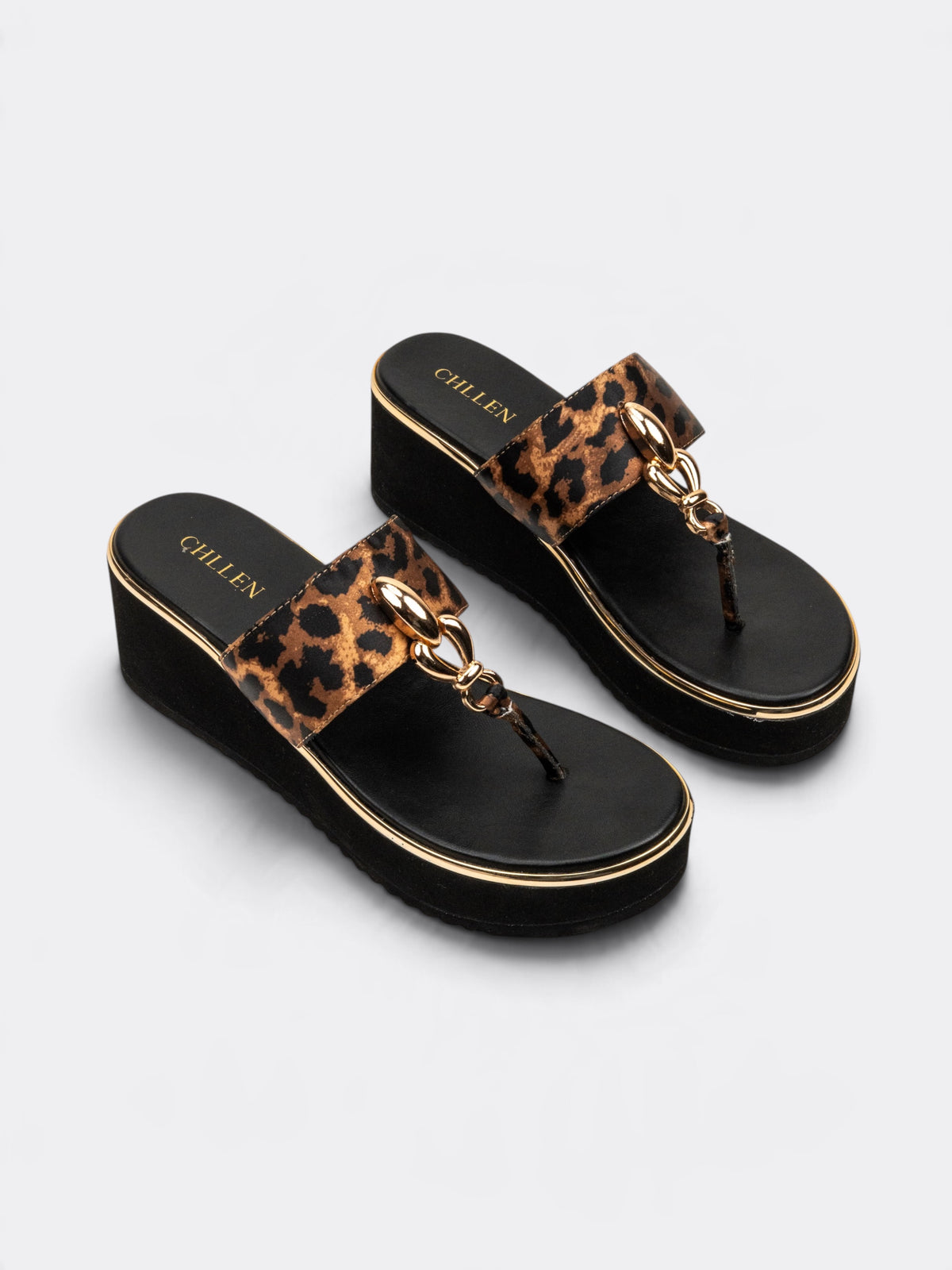 CHLLEN Leopard Gold T-Strap Wedges