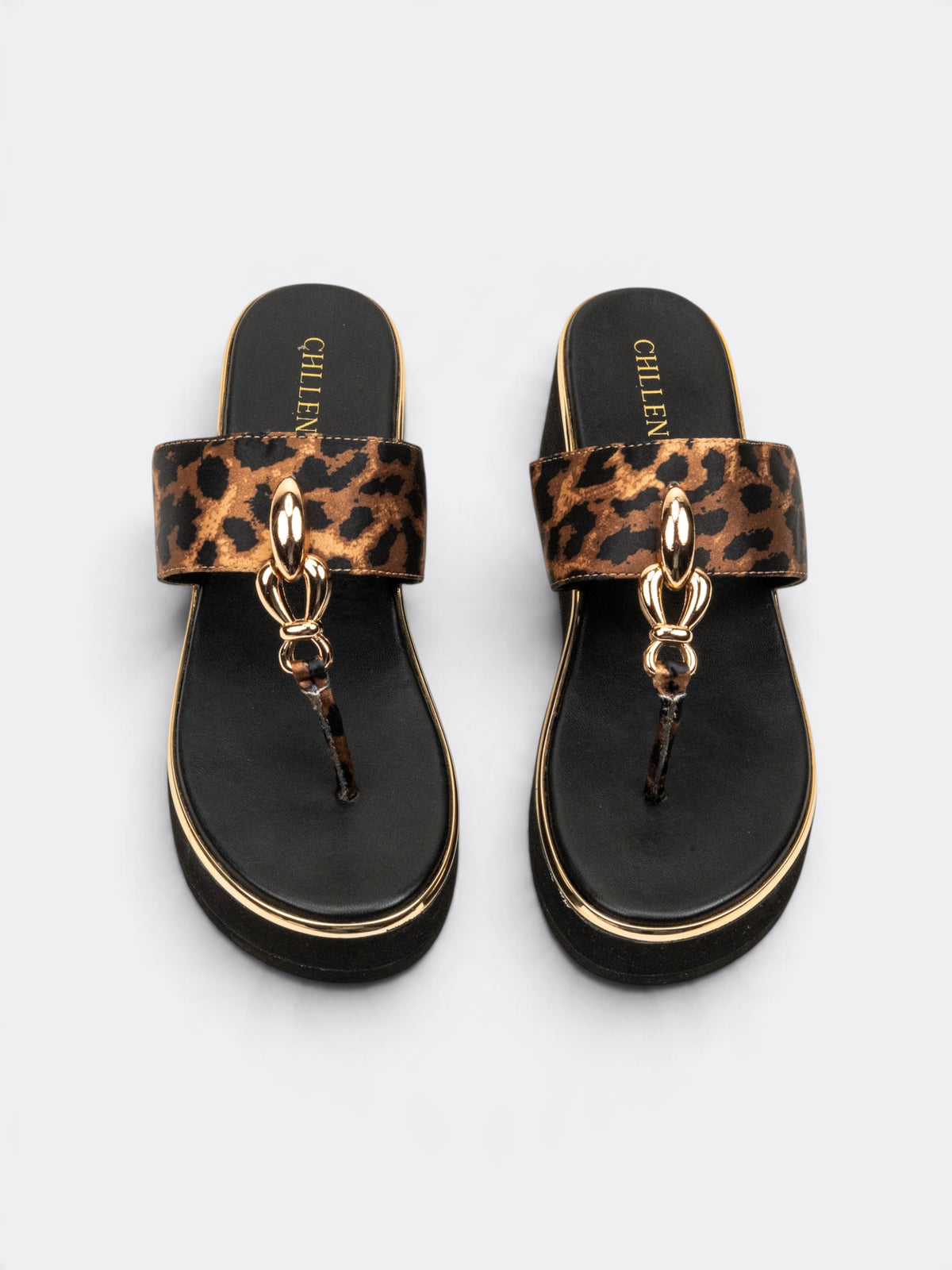 CHLLEN Leopard Gold T-Strap Wedges