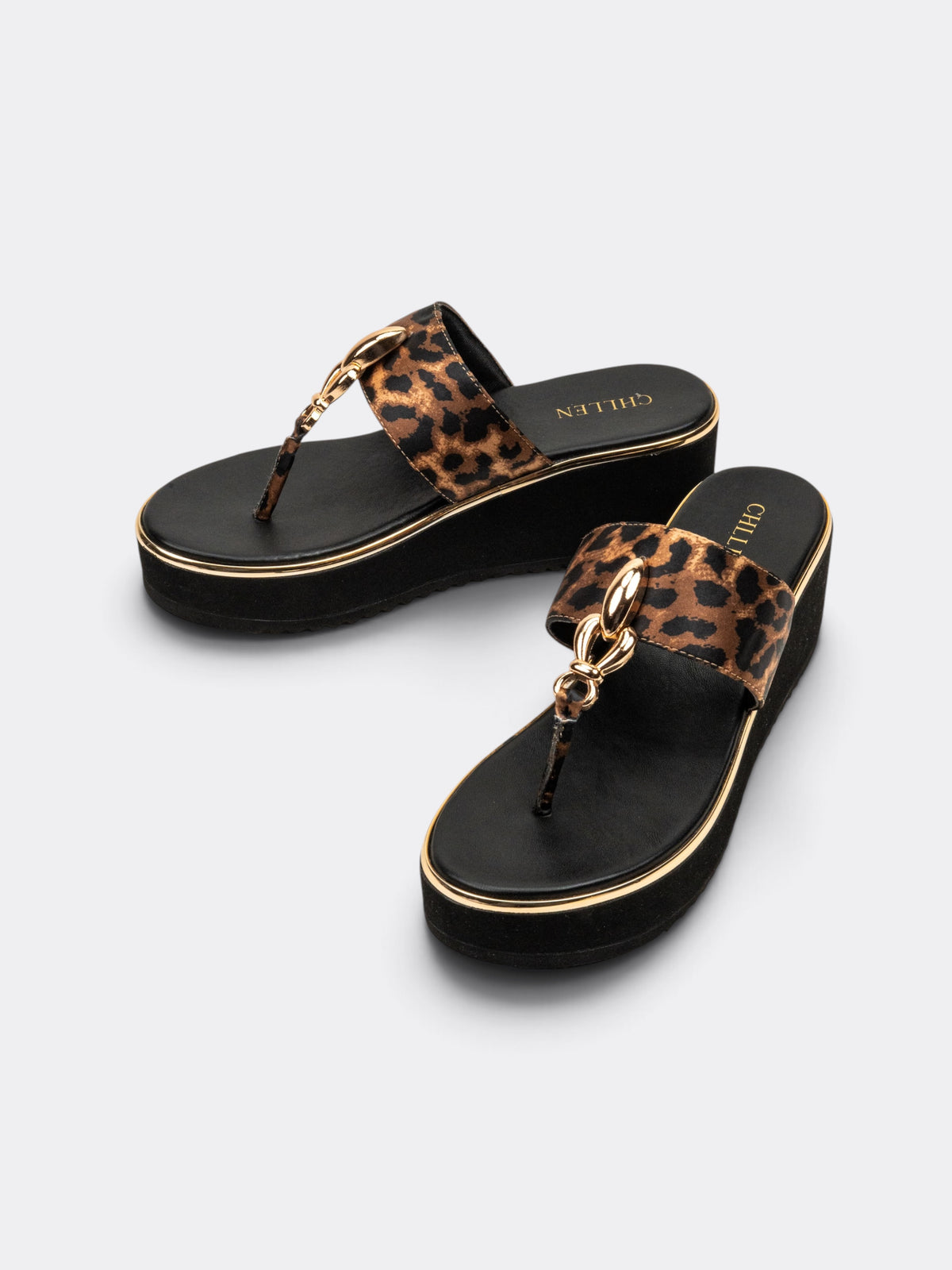 CHLLEN Leopard Gold T-Strap Wedges