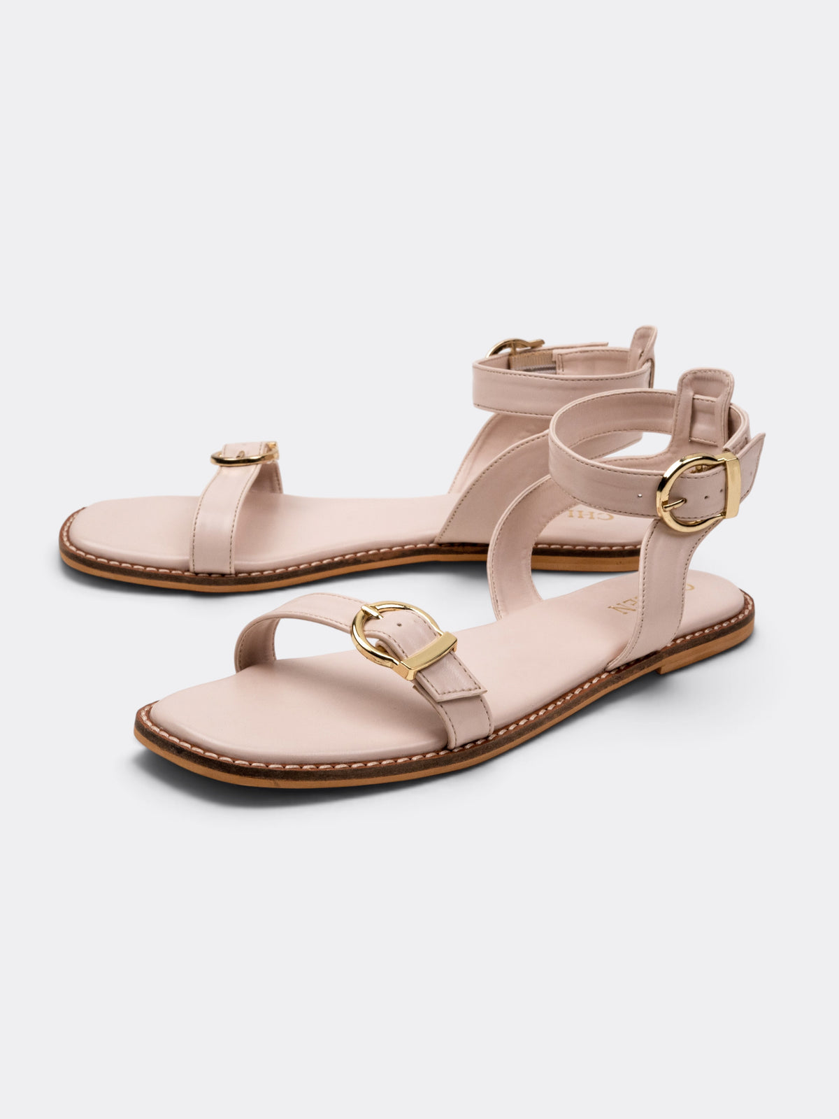 CHLLEN Siena Ivory Buckle Strap Flat Sandals