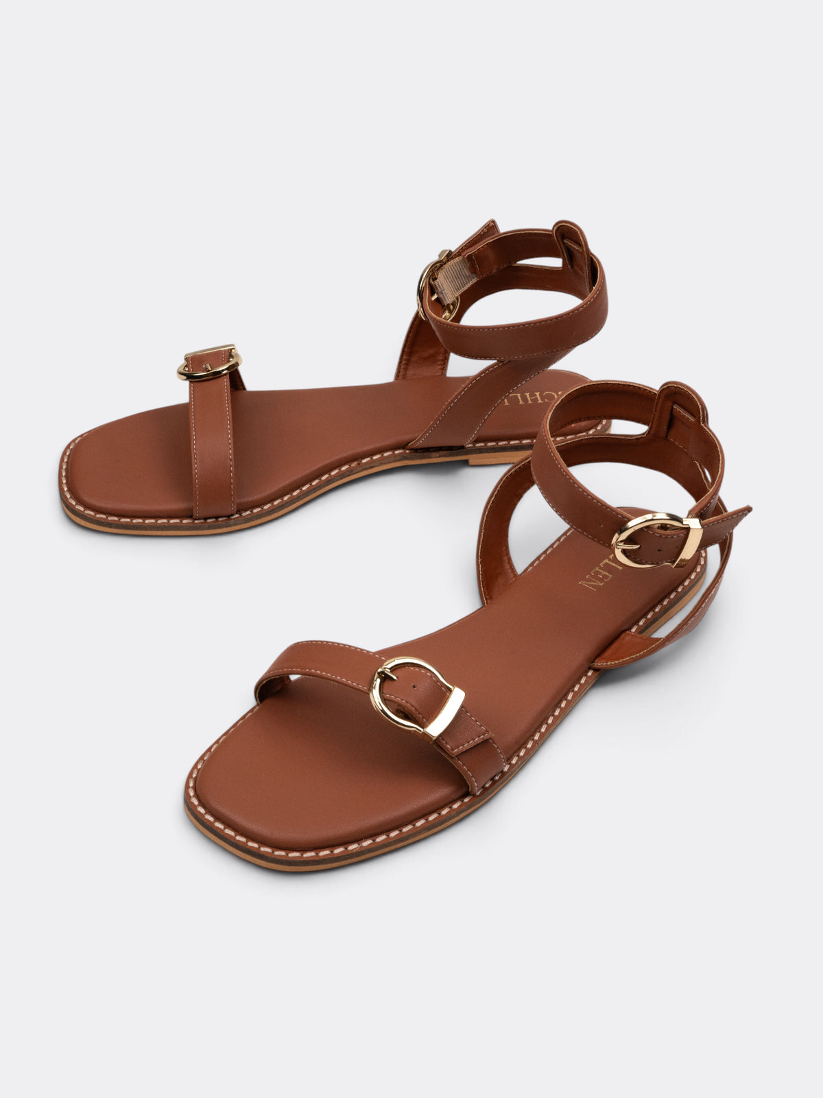 CHLLEN Siena Tan Buckle Strap Flat Sandals