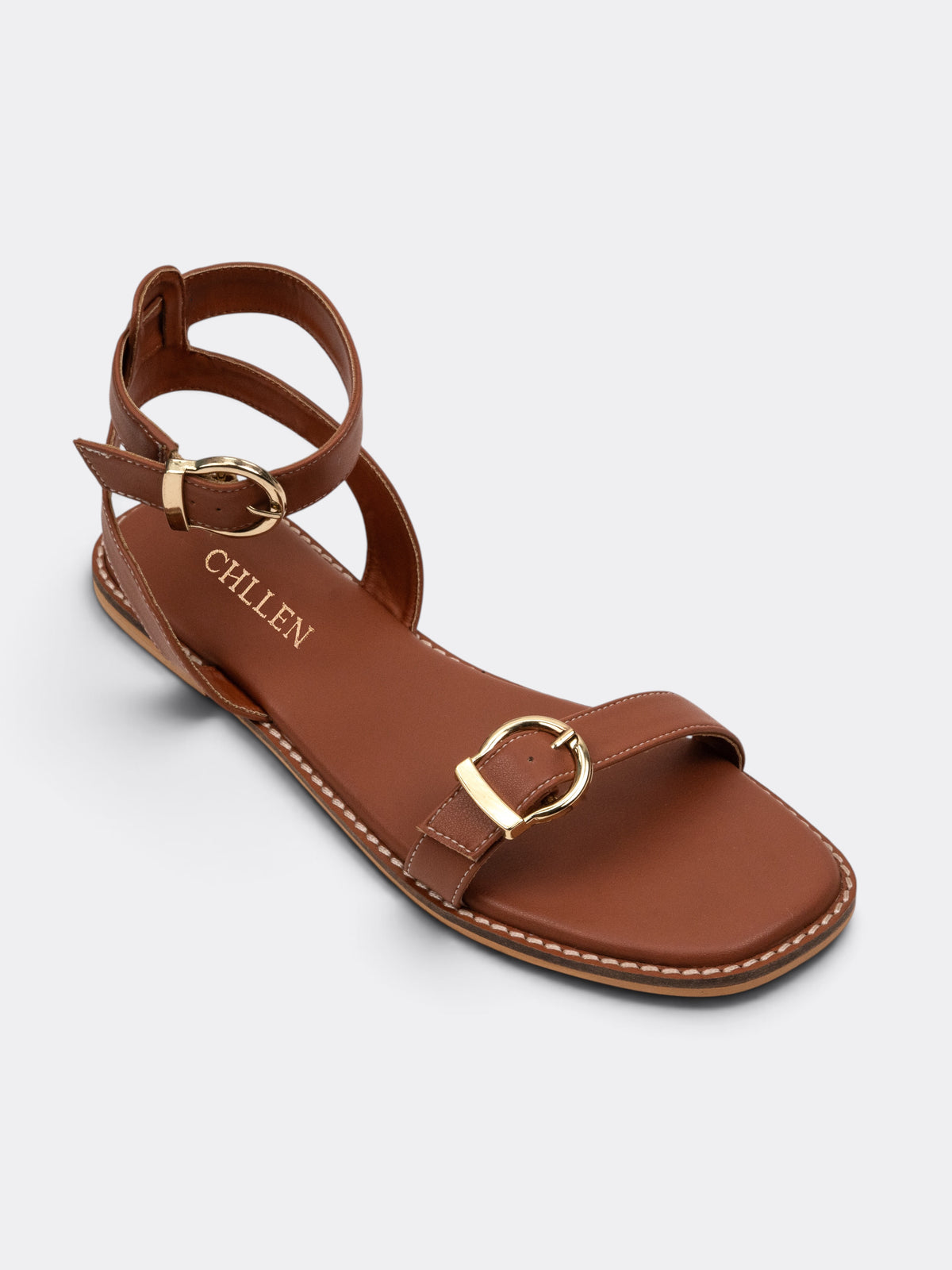 CHLLEN Siena Tan Buckle Strap Flat Sandals