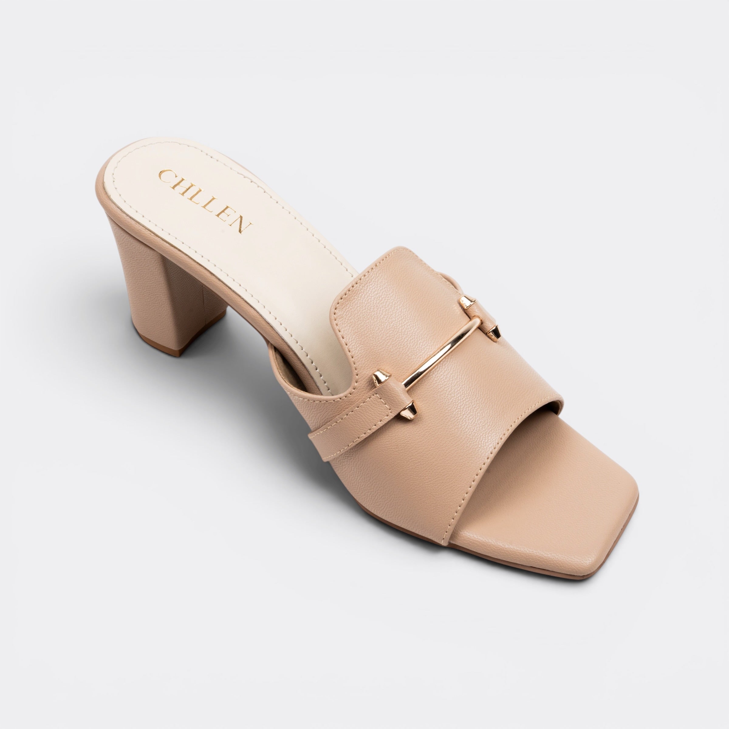 CHLLEN Taupe Metal Accent Strap Heels