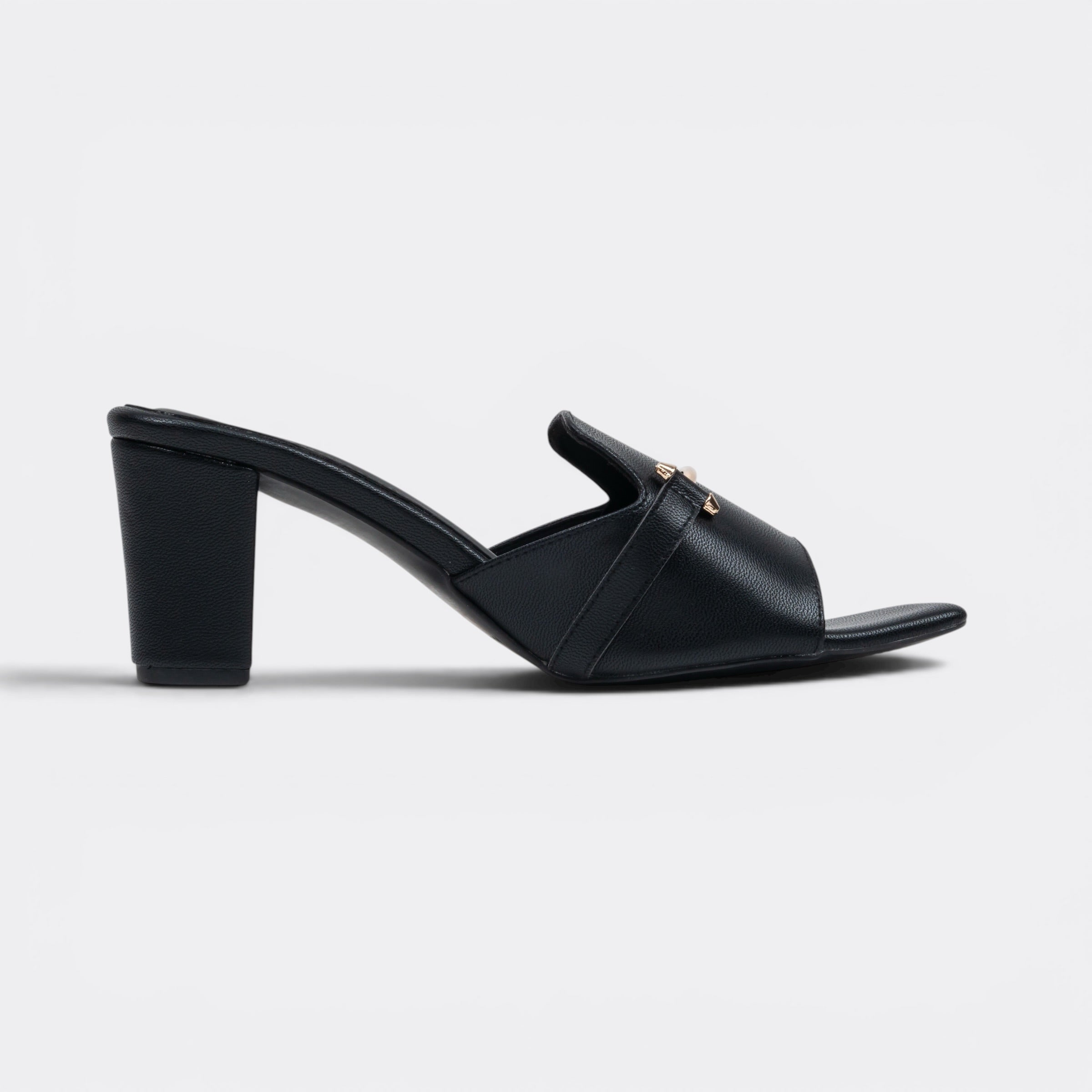 CHLLEN Black Metal Accent Strap Heels