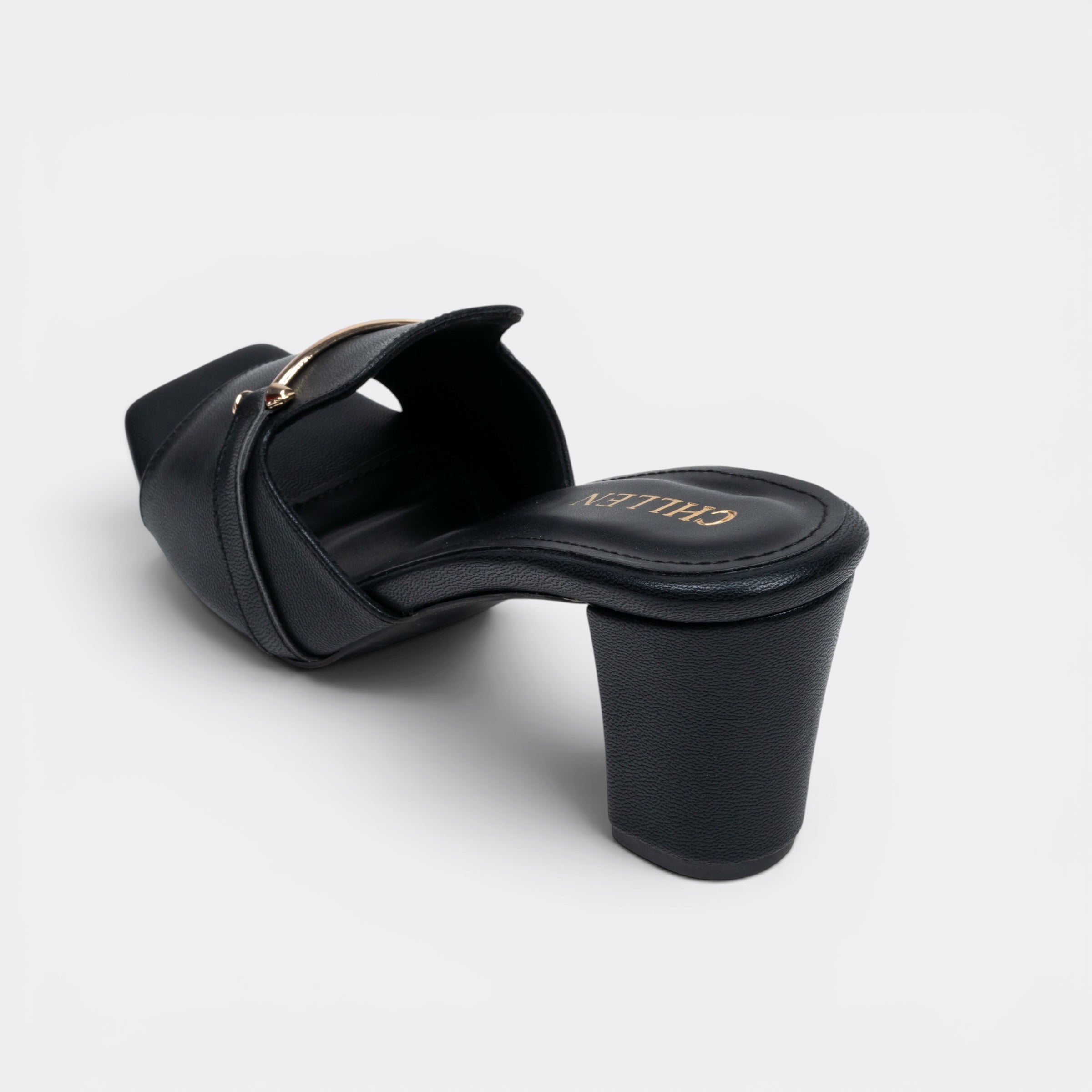 CHLLEN Black Metal Accent Strap Heels