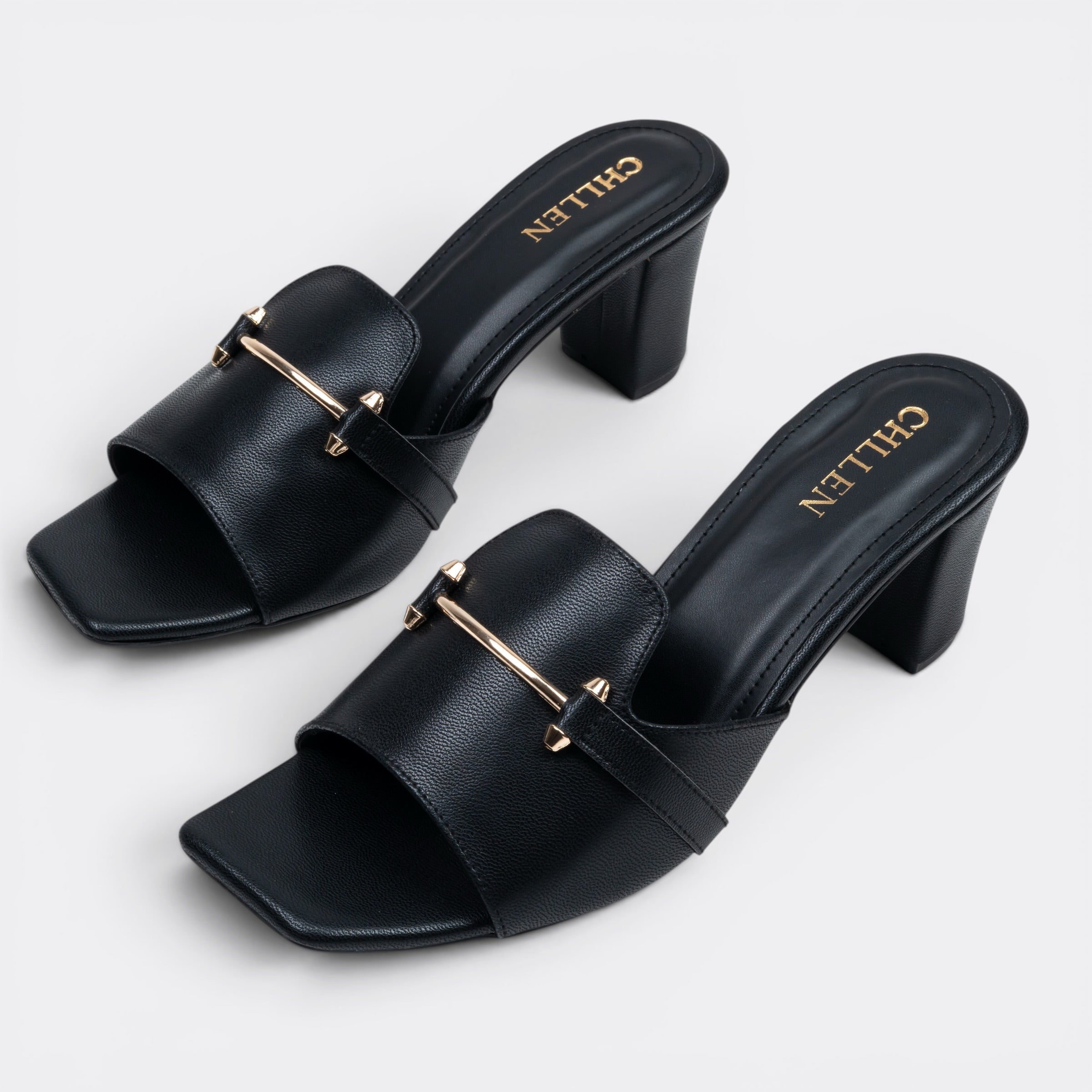 CHLLEN Black Metal Accent Strap Heels