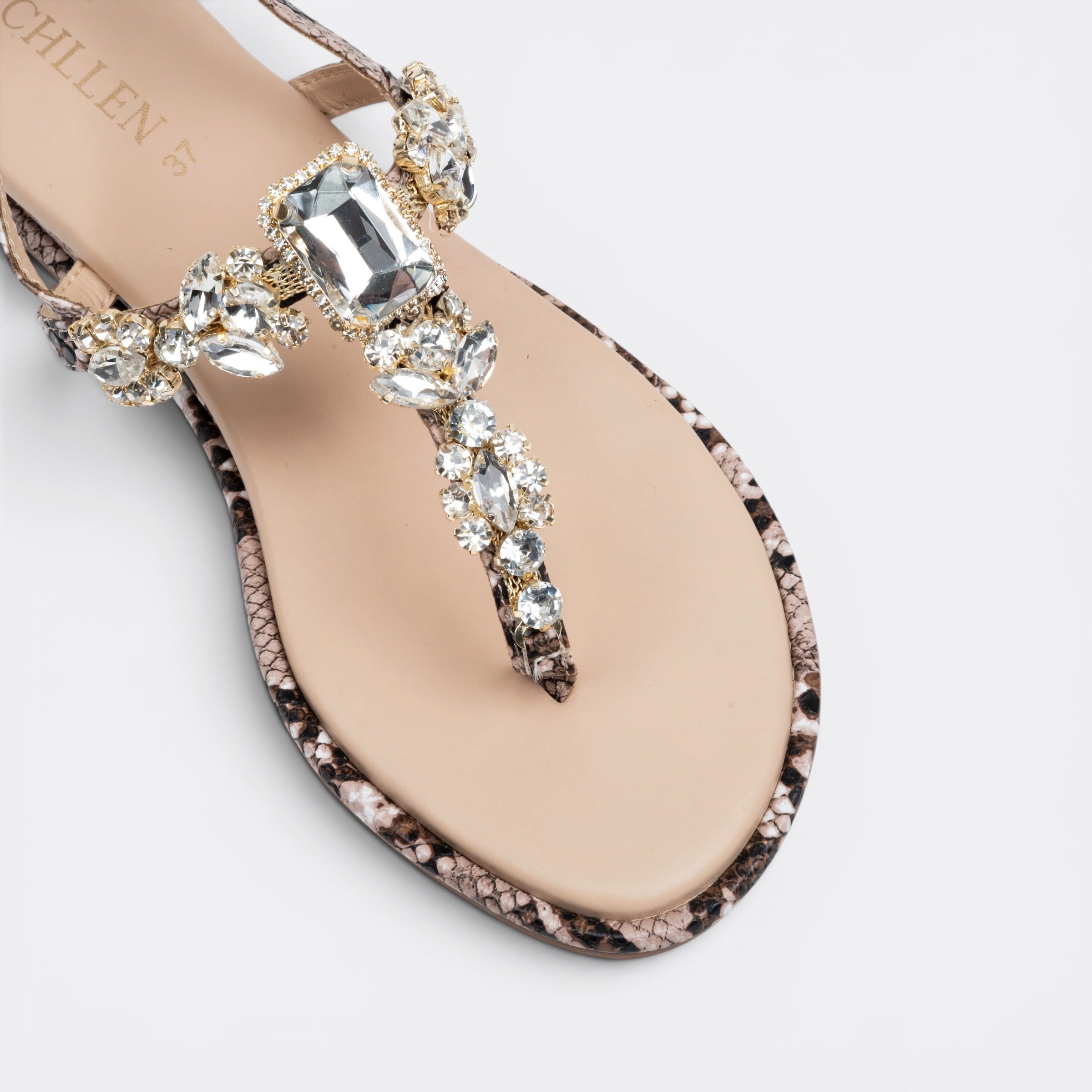 CHLLEN Imperial Crystal Serpent T-Strap Flat Sandals