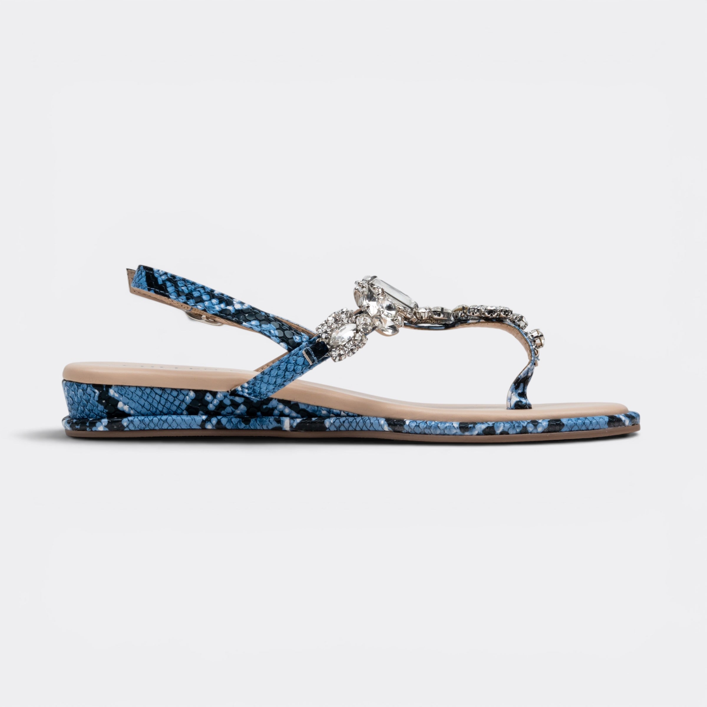 CHLLEN Azure Crystal Serpent T-Strap Flat Sandals