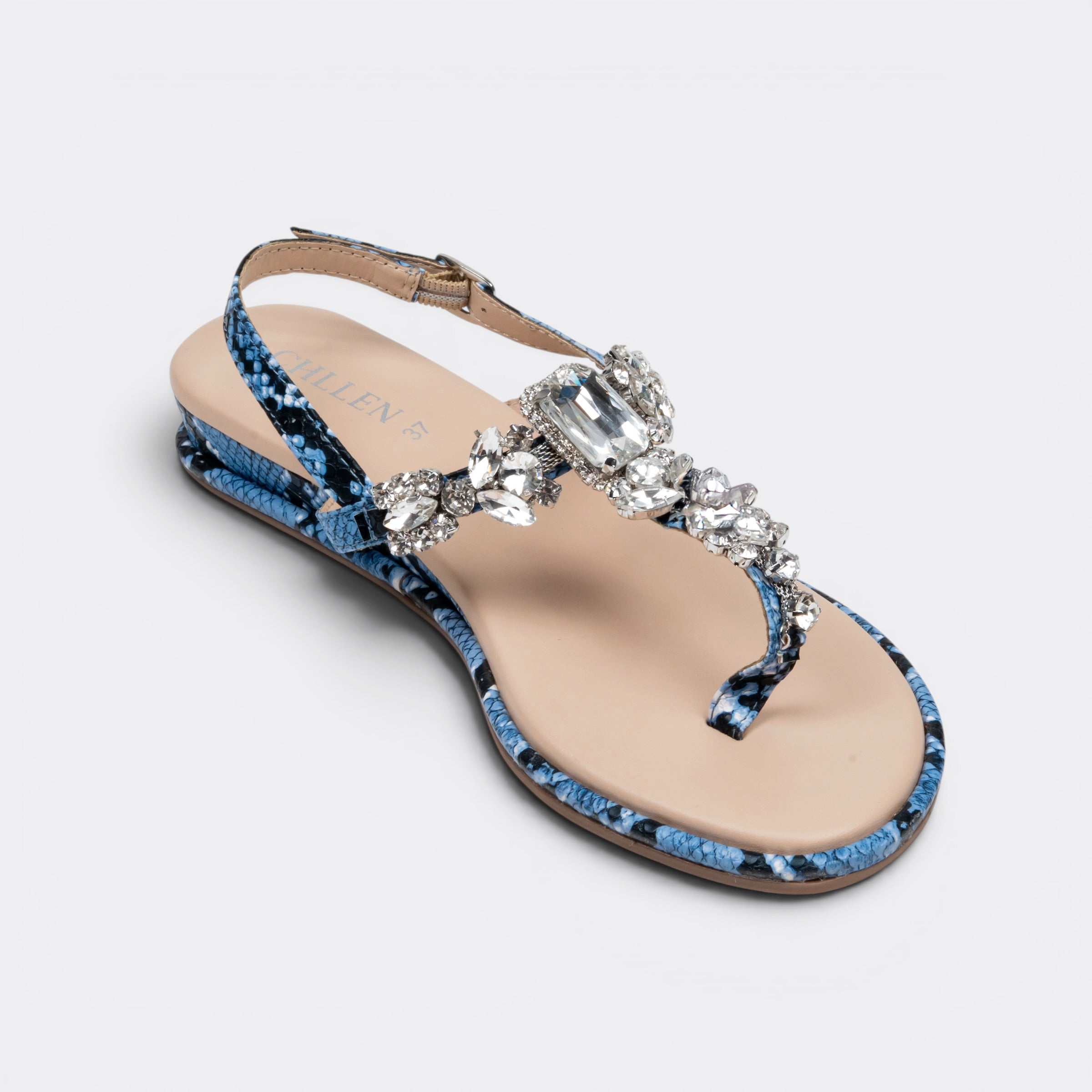 CHLLEN Azure Crystal Serpent T-Strap Flat Sandals