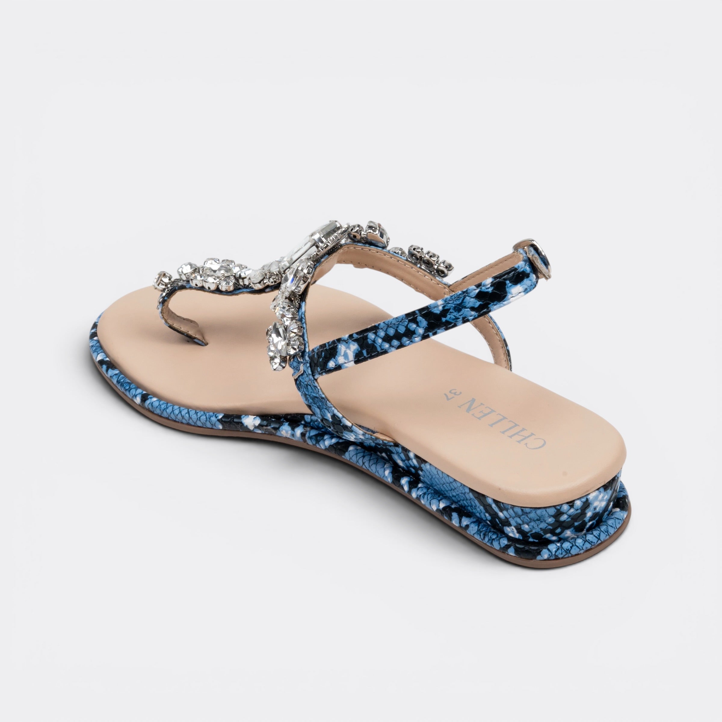 CHLLEN Azure Crystal Serpent T-Strap Flat Sandals