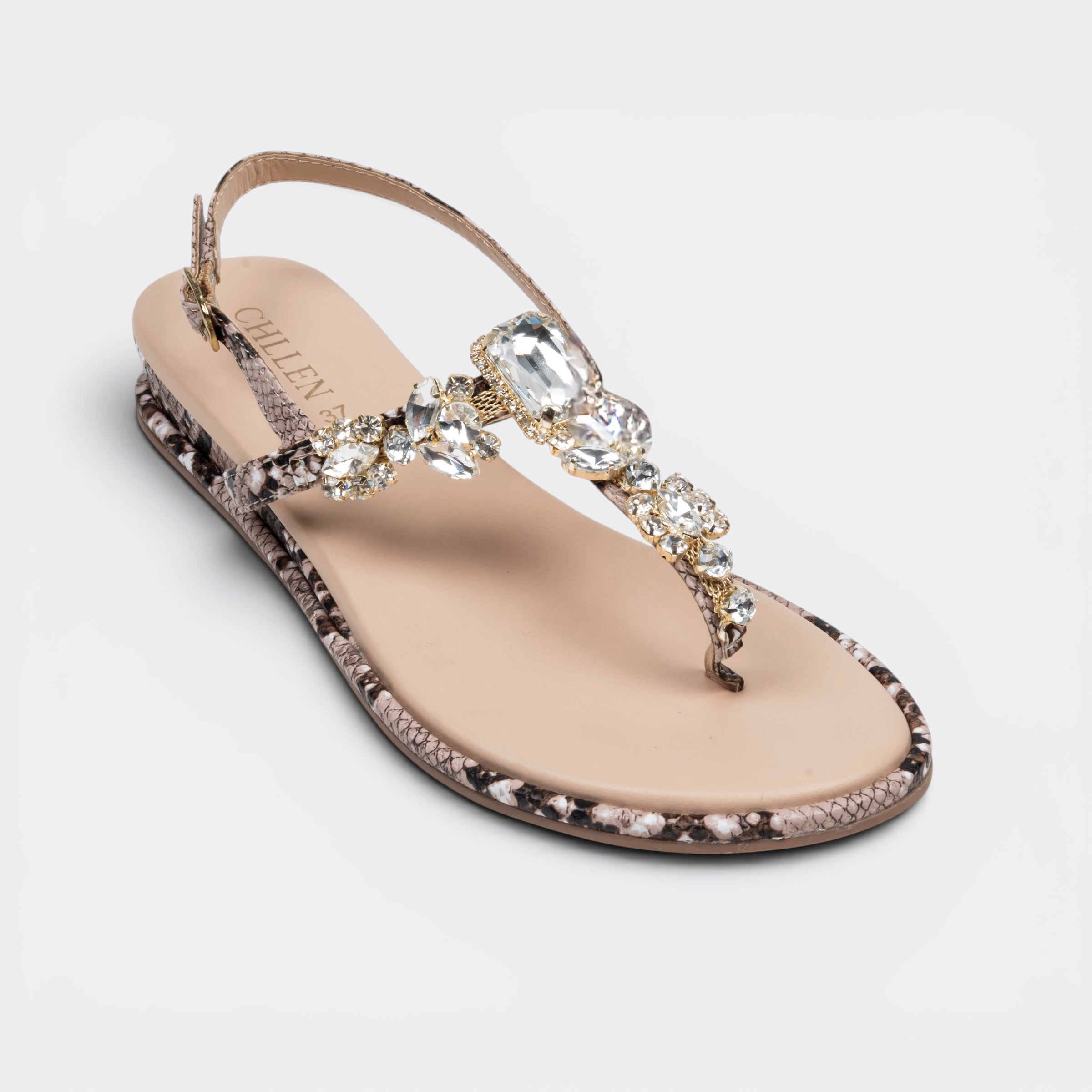 CHLLEN Imperial Crystal Serpent T-Strap Flat Sandals