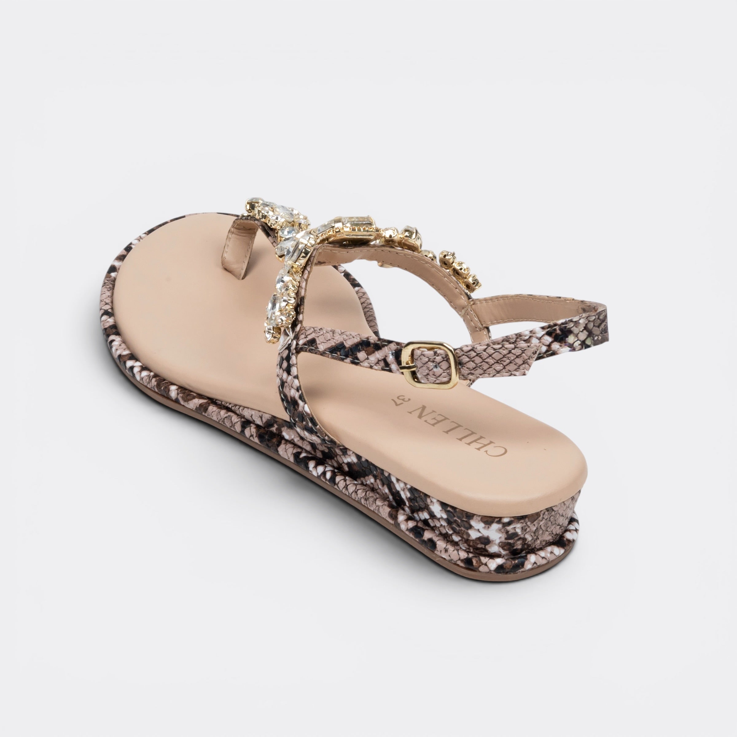 CHLLEN Imperial Crystal Serpent T-Strap Flat Sandals