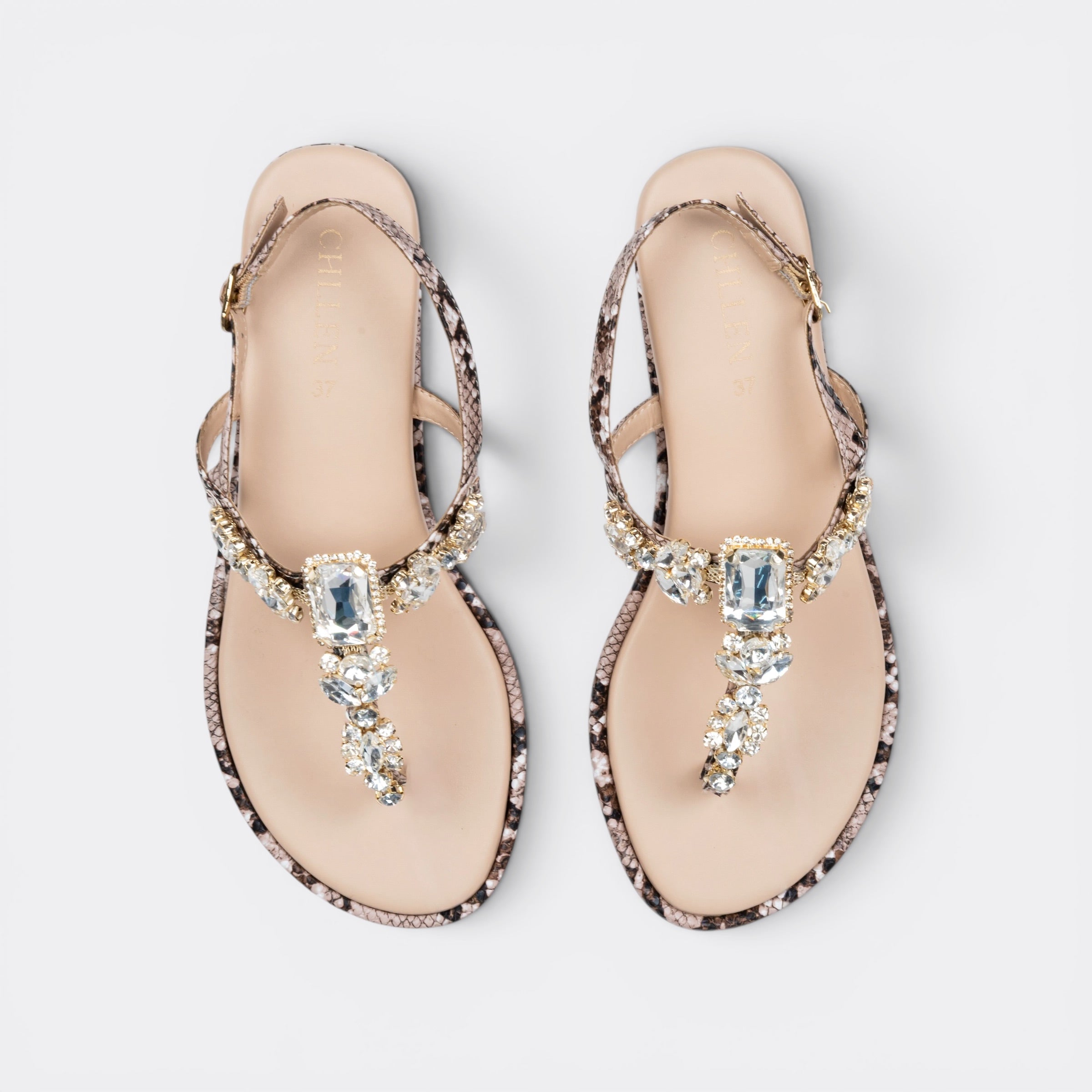 CHLLEN Imperial Crystal Serpent T-Strap Flat Sandals