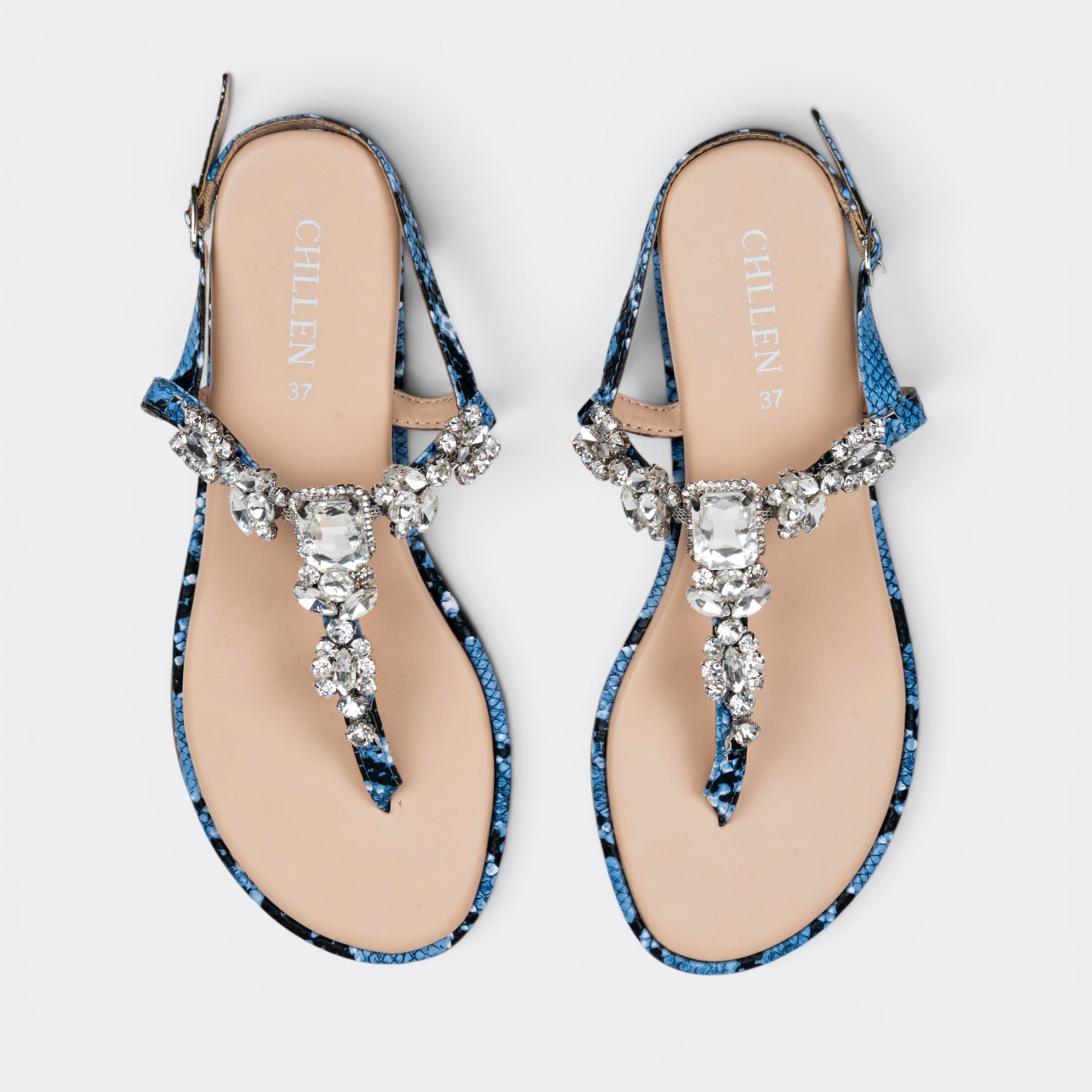 CHLLEN Azure Crystal Serpent T-Strap Flat Sandals