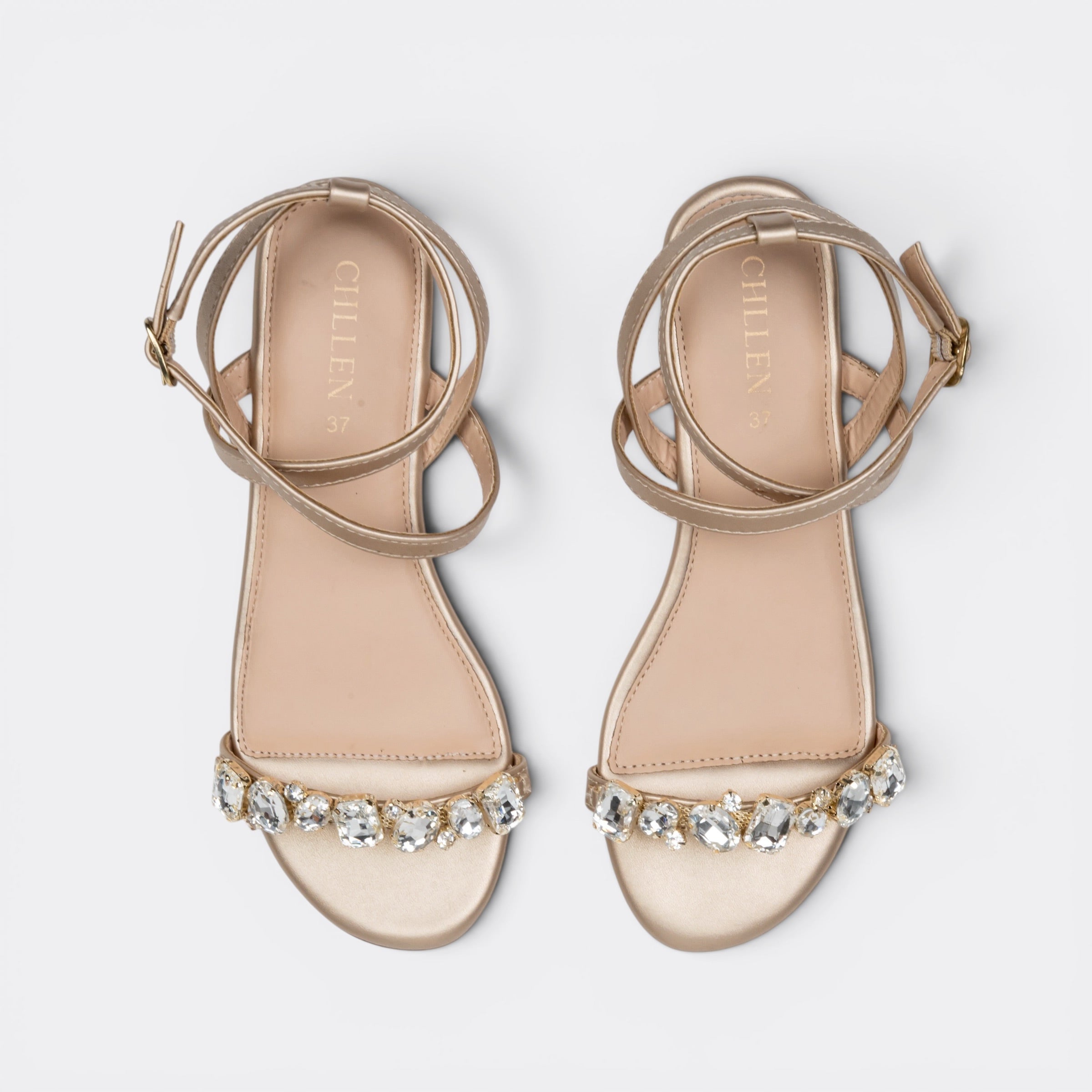 CHLLEN Cream Embellished Ankle Strap Sandals
