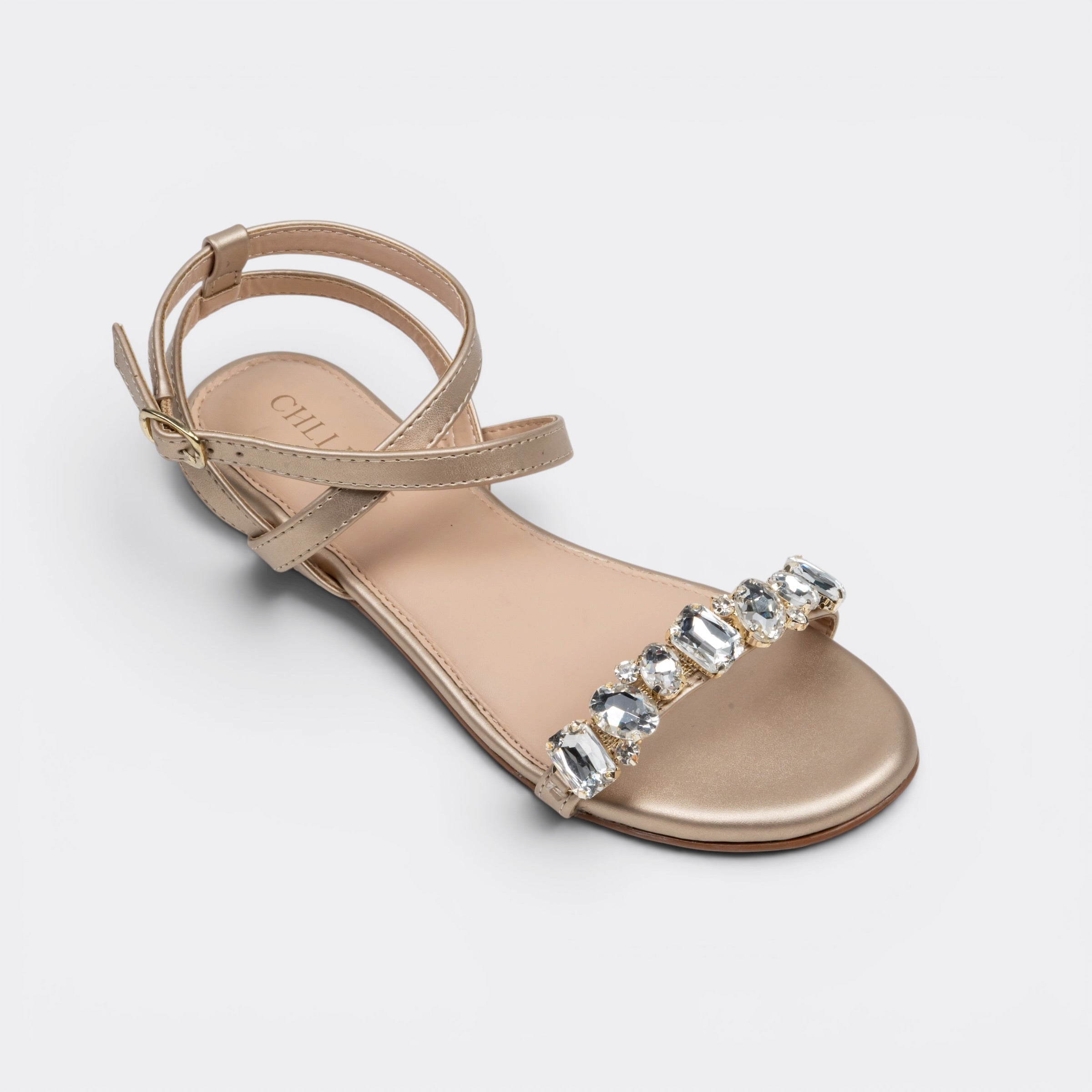 CHLLEN Cream Embellished Ankle Strap Sandals