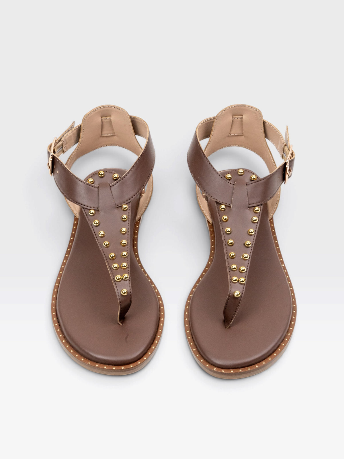 CHLLEN Chocolate Brown Studded Toe-Loop Flat Sandals with Ankle Buckle
